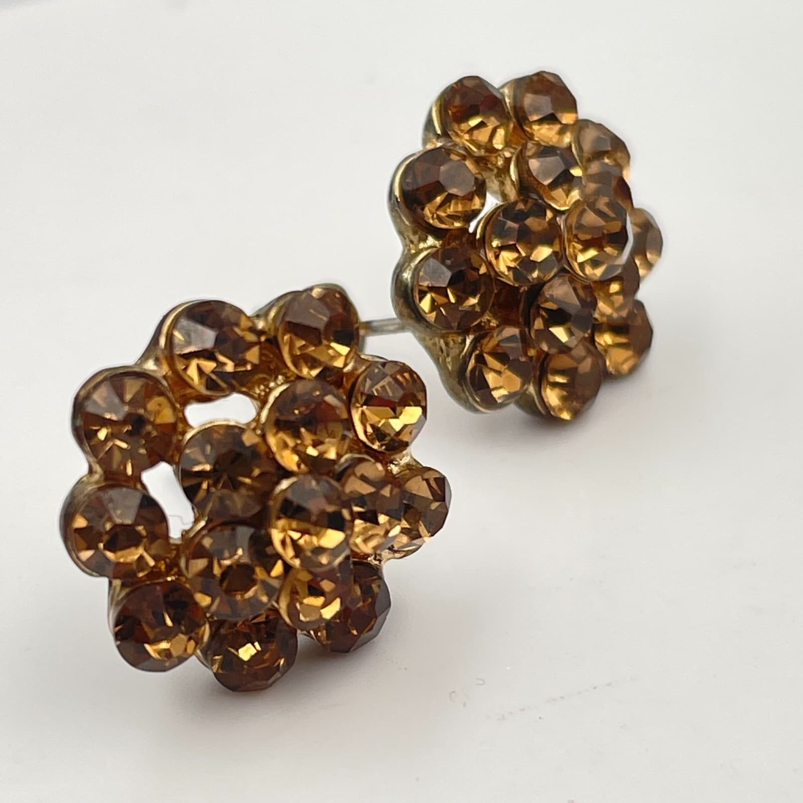 Vintage 90s Amber Rhinestone Floral Stud Earrings Gold Tone Statement Jewelry - Thumbnail 6