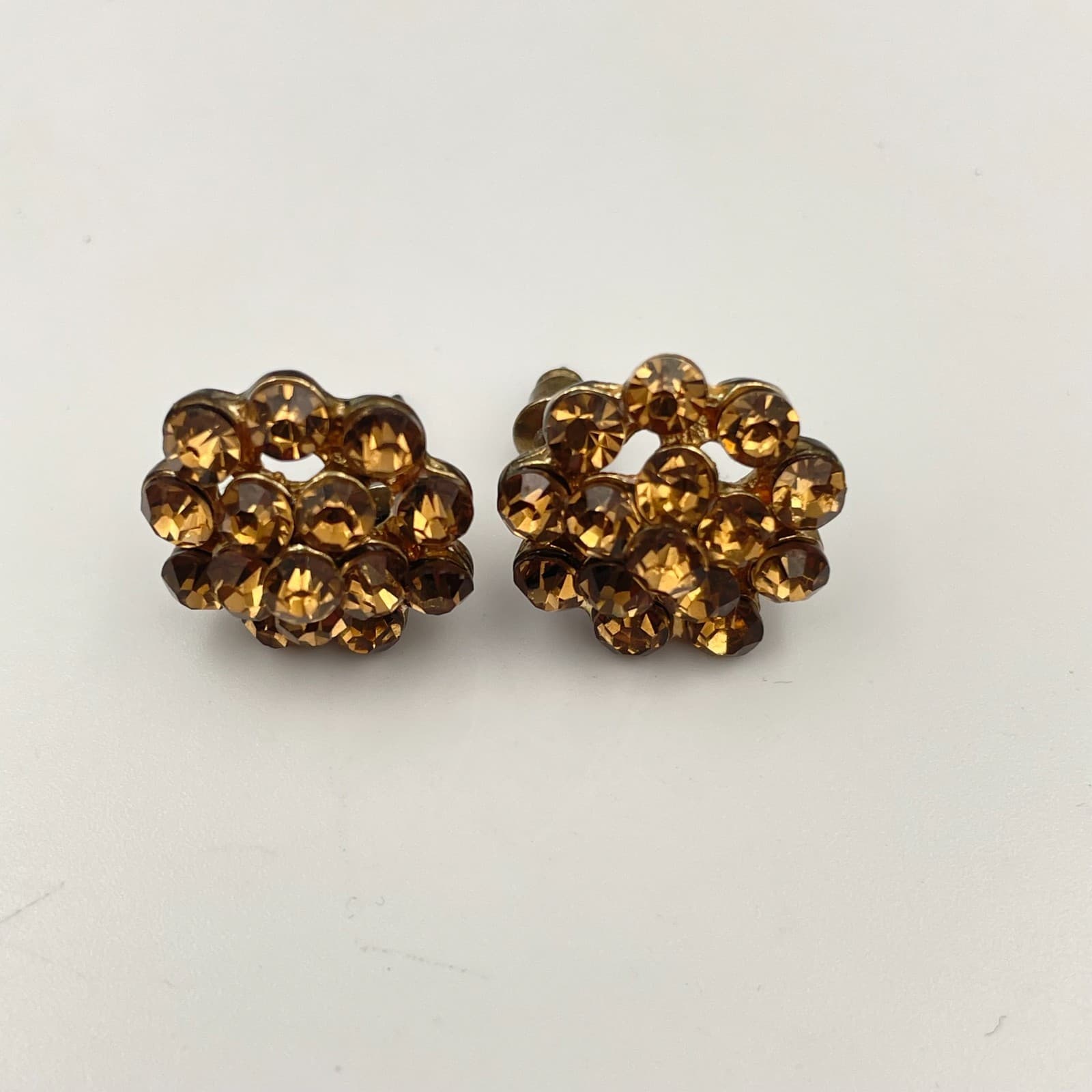 Vintage 90s Amber Rhinestone Floral Stud Earrings Gold Tone Statement Jewelry - Image 1