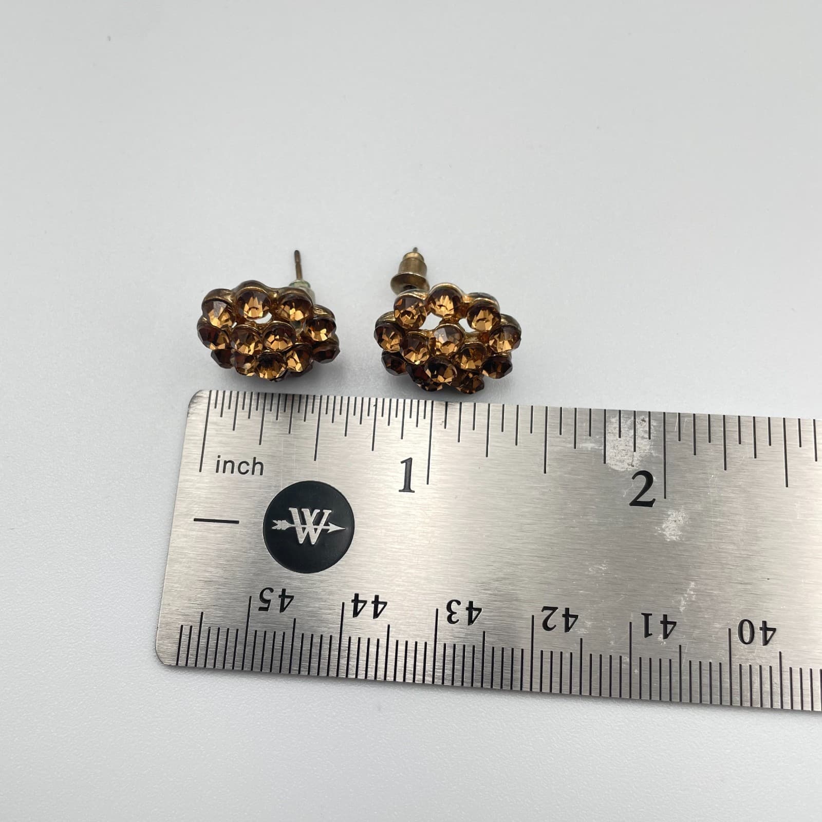 Vintage 90s Amber Rhinestone Floral Stud Earrings Gold Tone Statement Jewelry - Thumbnail 7