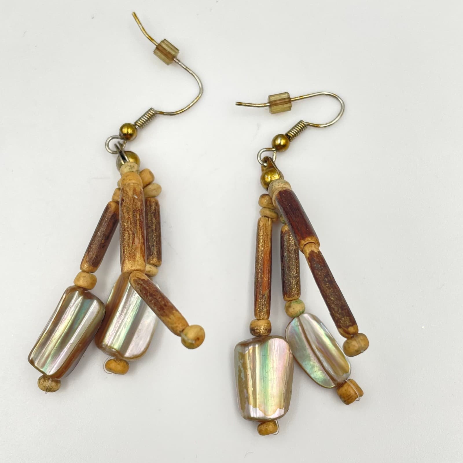 Vintage Y2K Boho Mother of Pearl Wooden Tube Beaded Iridescent Dangle Earrings - Image 1