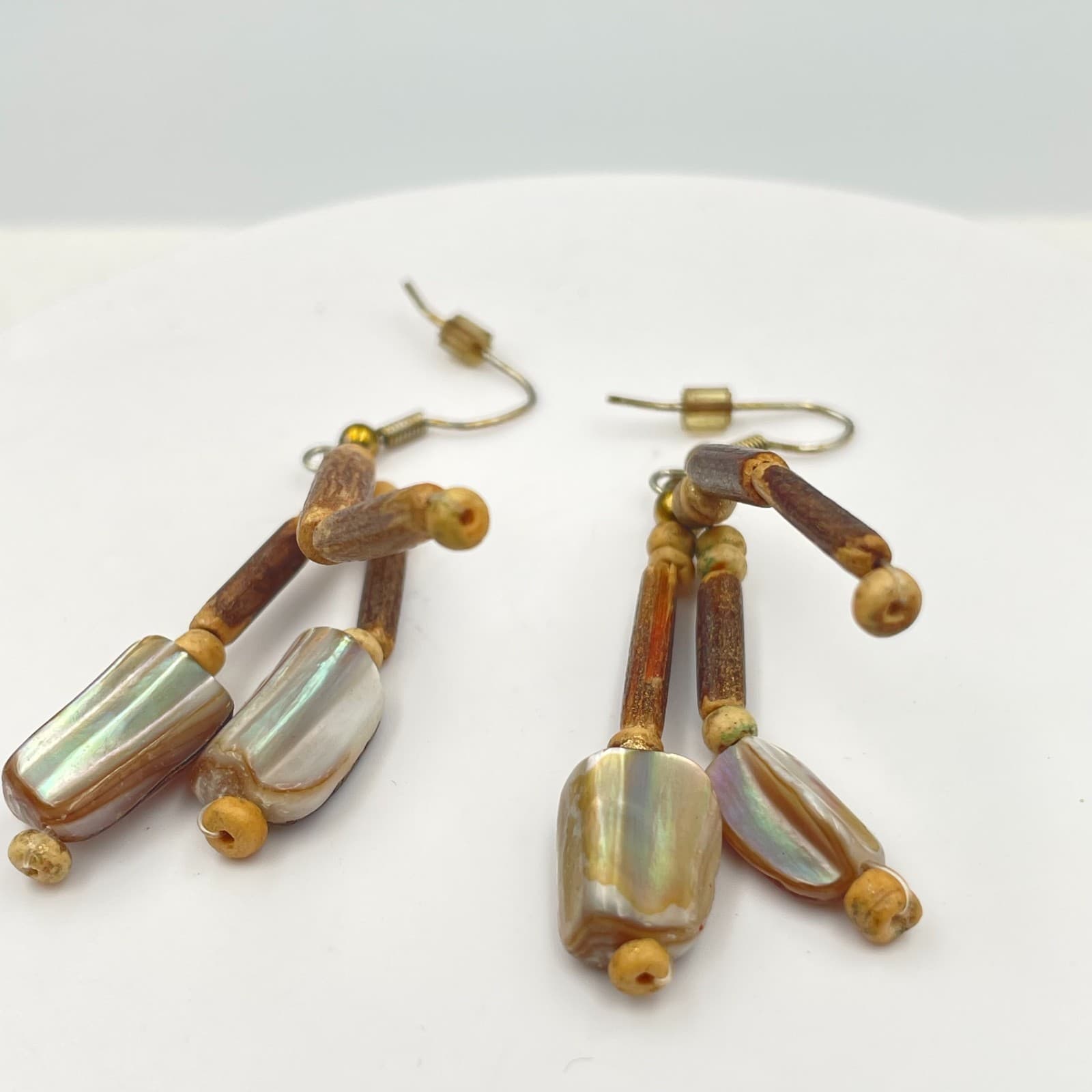 Vintage Y2K Boho Mother of Pearl Wooden Tube Beaded Iridescent Dangle Earrings - Thumbnail 2