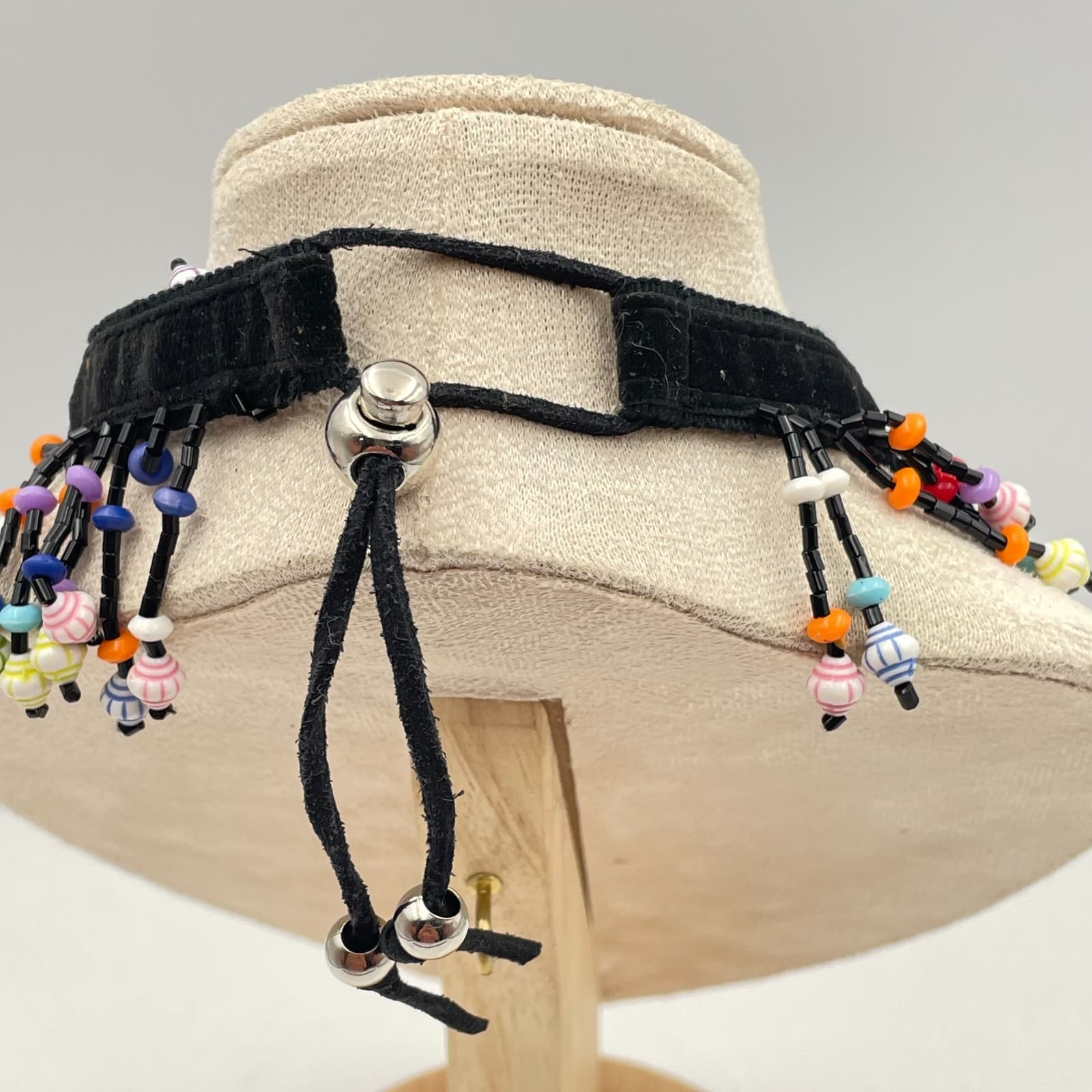 Vintage 90s Glass Bead Fringe Choker Necklace Black Fabric Boho Fashion Jewelry - Thumbnail 8