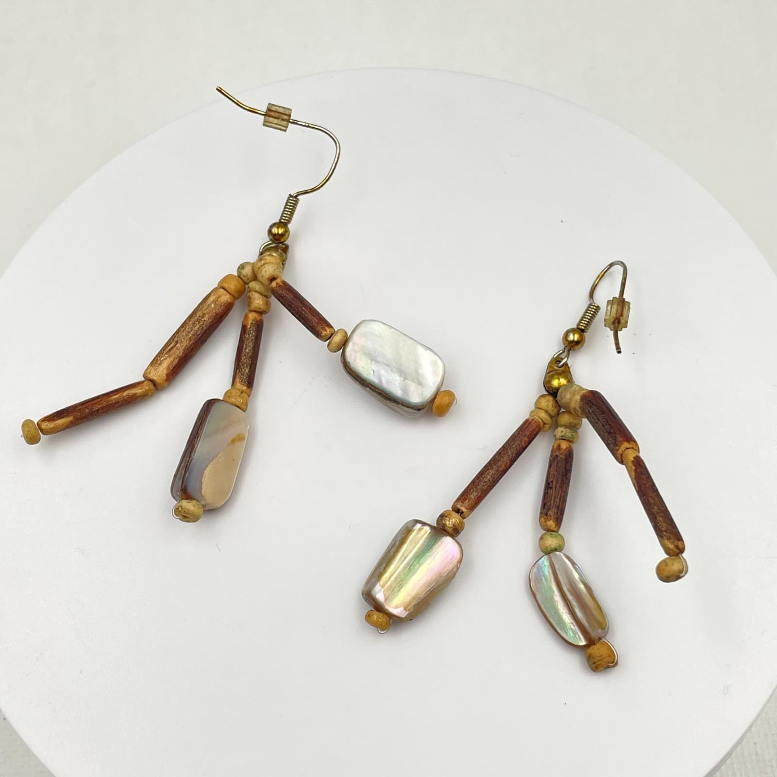 Vintage Y2K Boho Mother of Pearl Wooden Tube Beaded Iridescent Dangle Earrings - Thumbnail 4