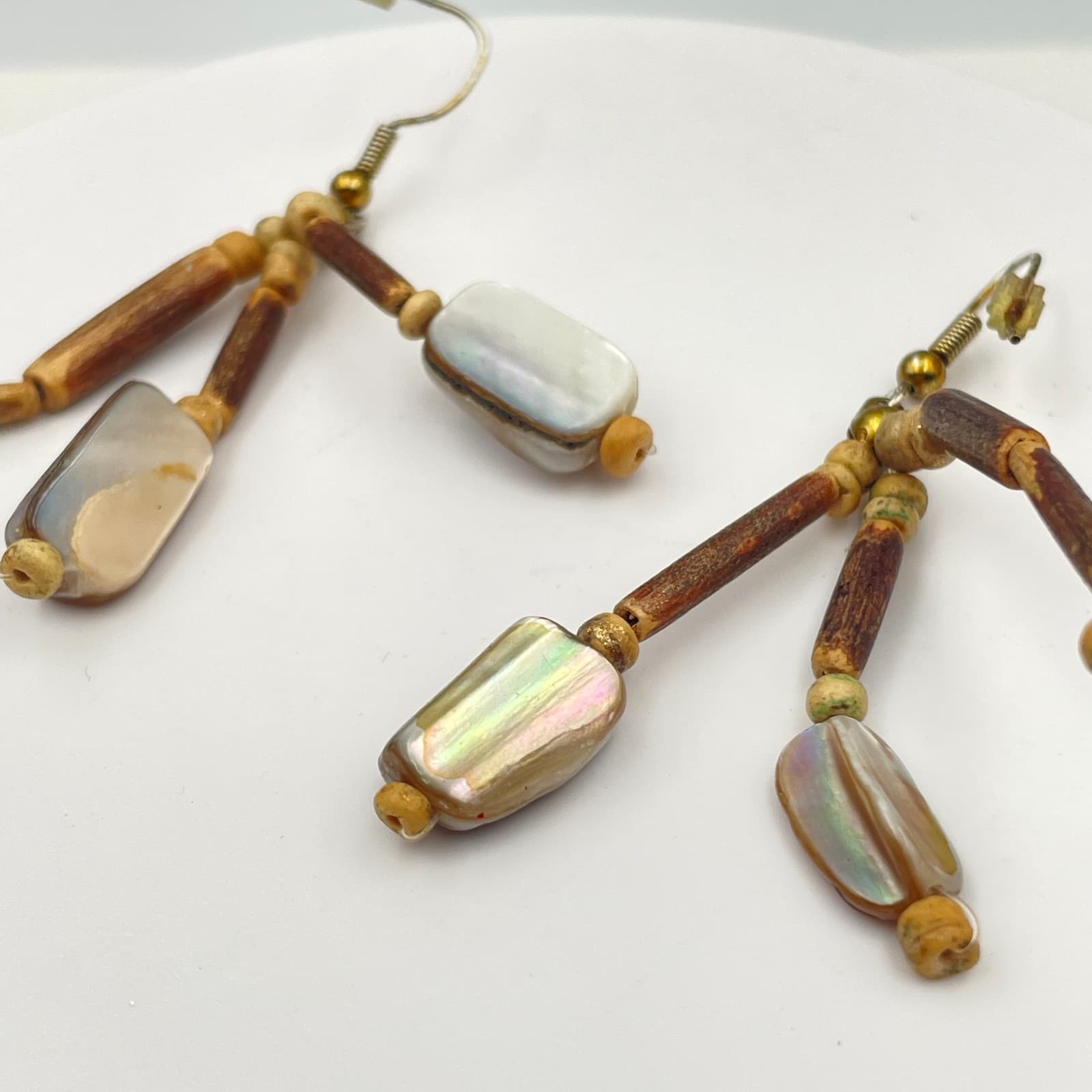 Vintage Y2K Boho Mother of Pearl Wooden Tube Beaded Iridescent Dangle Earrings - Thumbnail 5