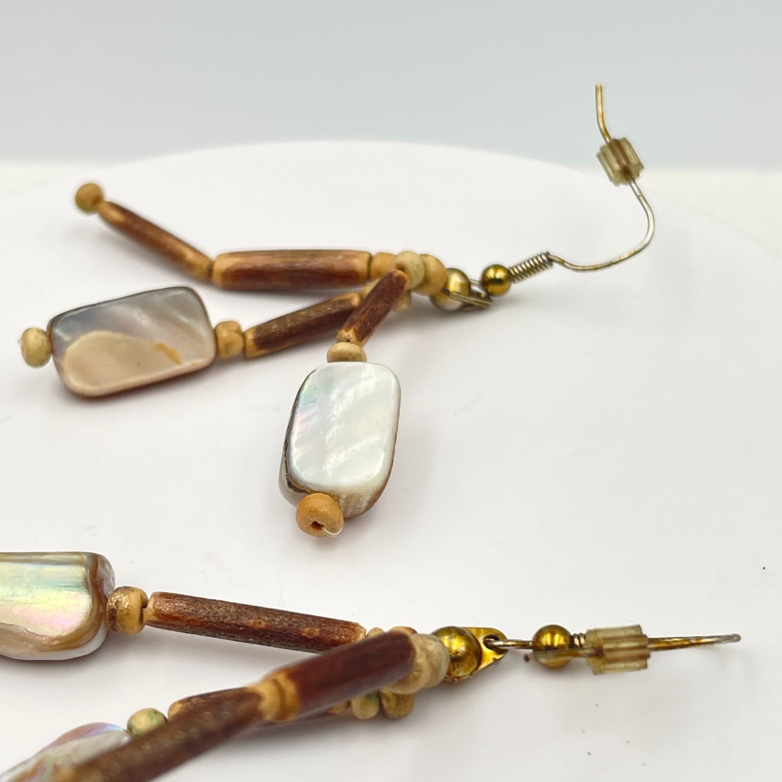 Vintage Y2K Boho Mother of Pearl Wooden Tube Beaded Iridescent Dangle Earrings - Thumbnail 6