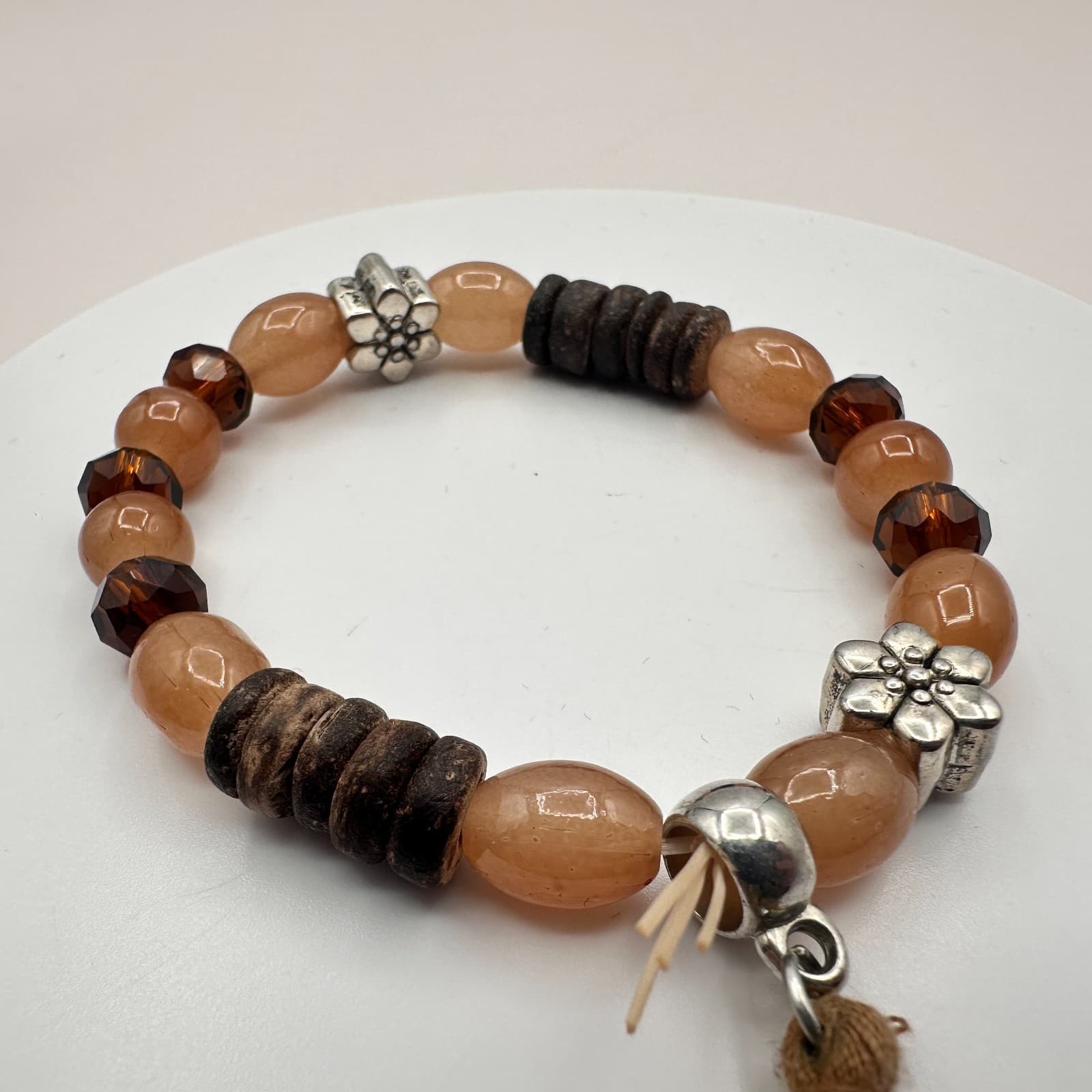 Vintage Y2K Women's Brown Wood & Peach Beaded Tassel Statement Stretch Bracelet - Thumbnail 3