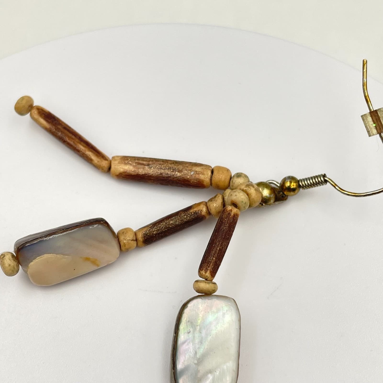 Vintage Y2K Boho Mother of Pearl Wooden Tube Beaded Iridescent Dangle Earrings - Thumbnail 7