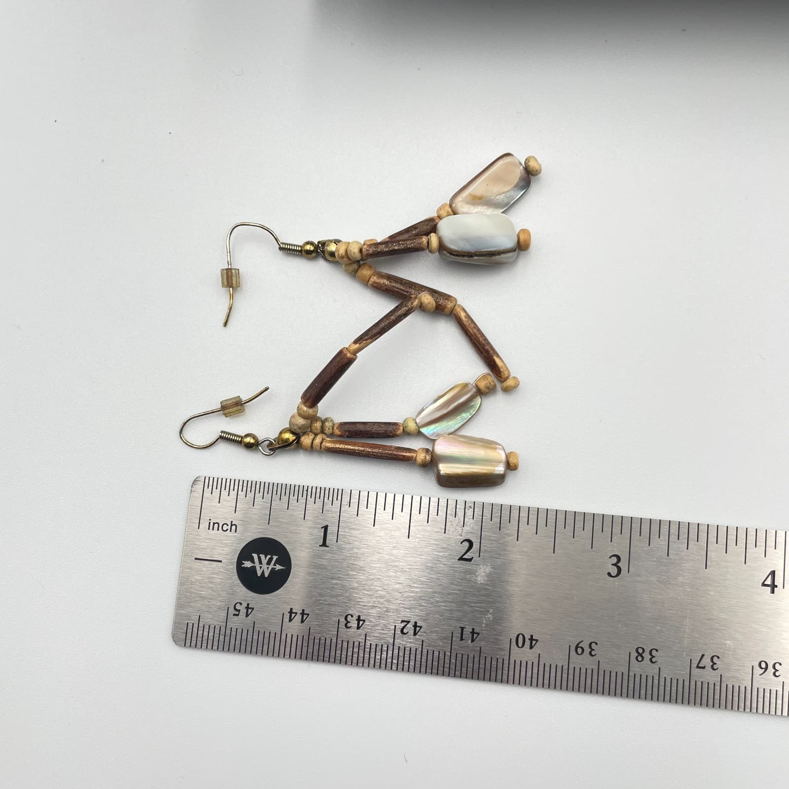 Vintage Y2K Boho Mother of Pearl Wooden Tube Beaded Iridescent Dangle Earrings - Thumbnail 8