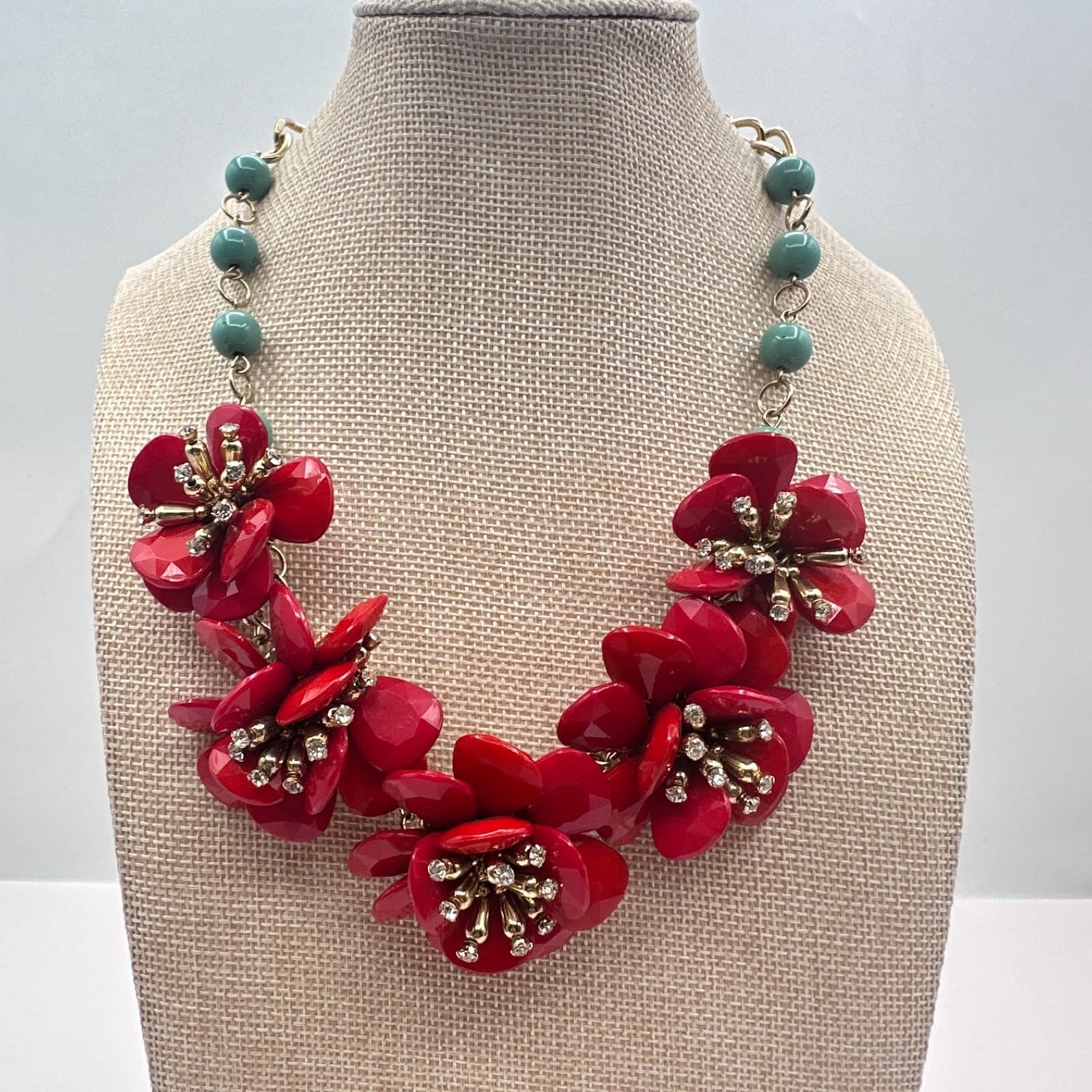 Vintage Y2K Gold Tone Beaded Floral Statement Necklace Women's Classic Jewelry - Thumbnail 5
