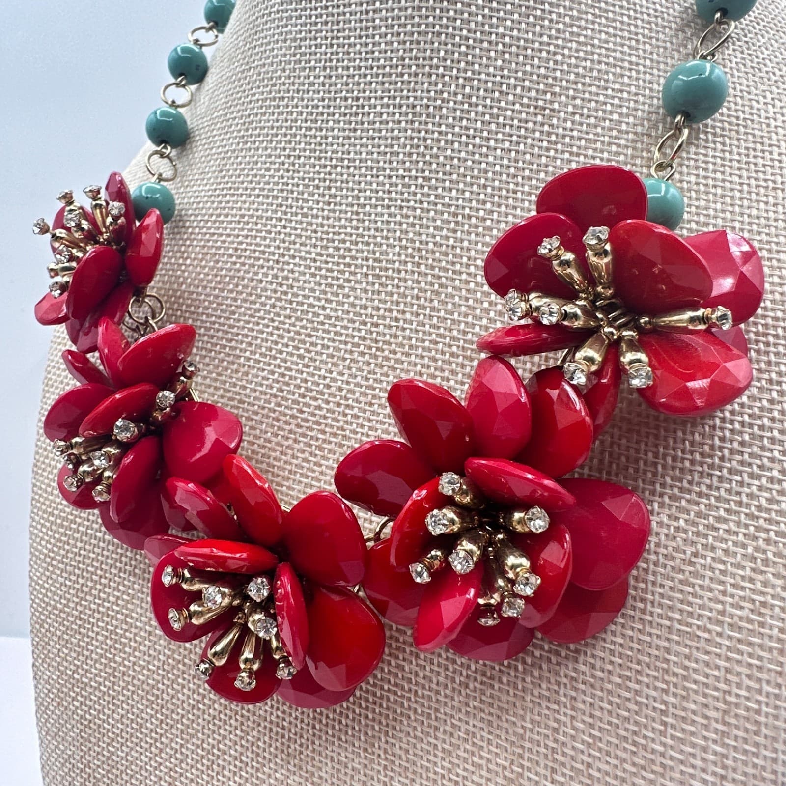 Vintage Y2K Gold Tone Beaded Floral Statement Necklace Women's Classic Jewelry - Thumbnail 4