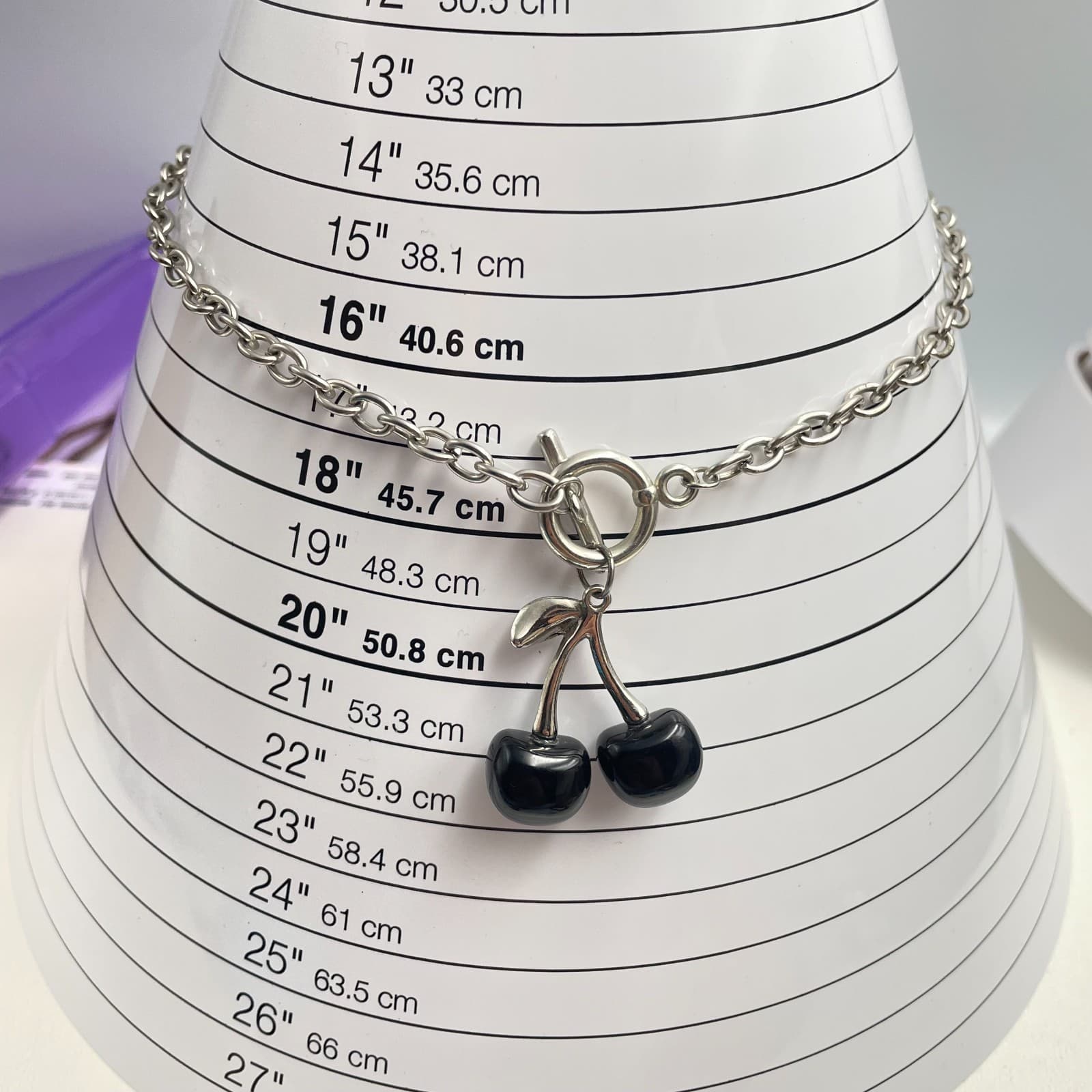 Vintage 90s Silver Tone Black Glass Cherry Pendant Necklace Toggle Chain Retro - Thumbnail 8