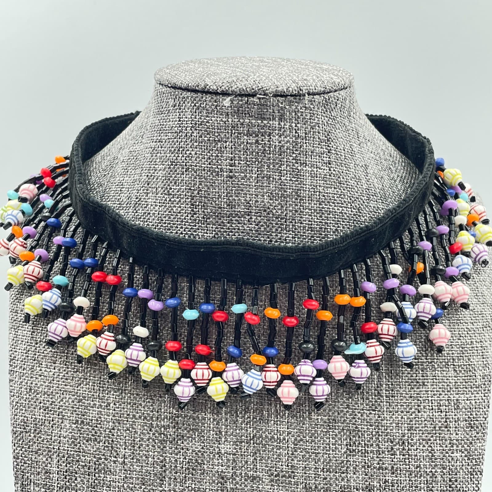 Vintage 90s Glass Bead Fringe Choker Necklace Black Fabric Boho Fashion Jewelry - Thumbnail 2