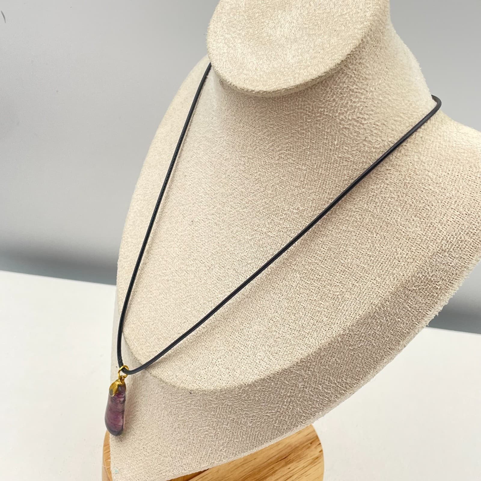 Vintage 90s Dichroic Glass Pendant Necklace Gold Foil Art Glass Cord Jewelry - Thumbnail 8