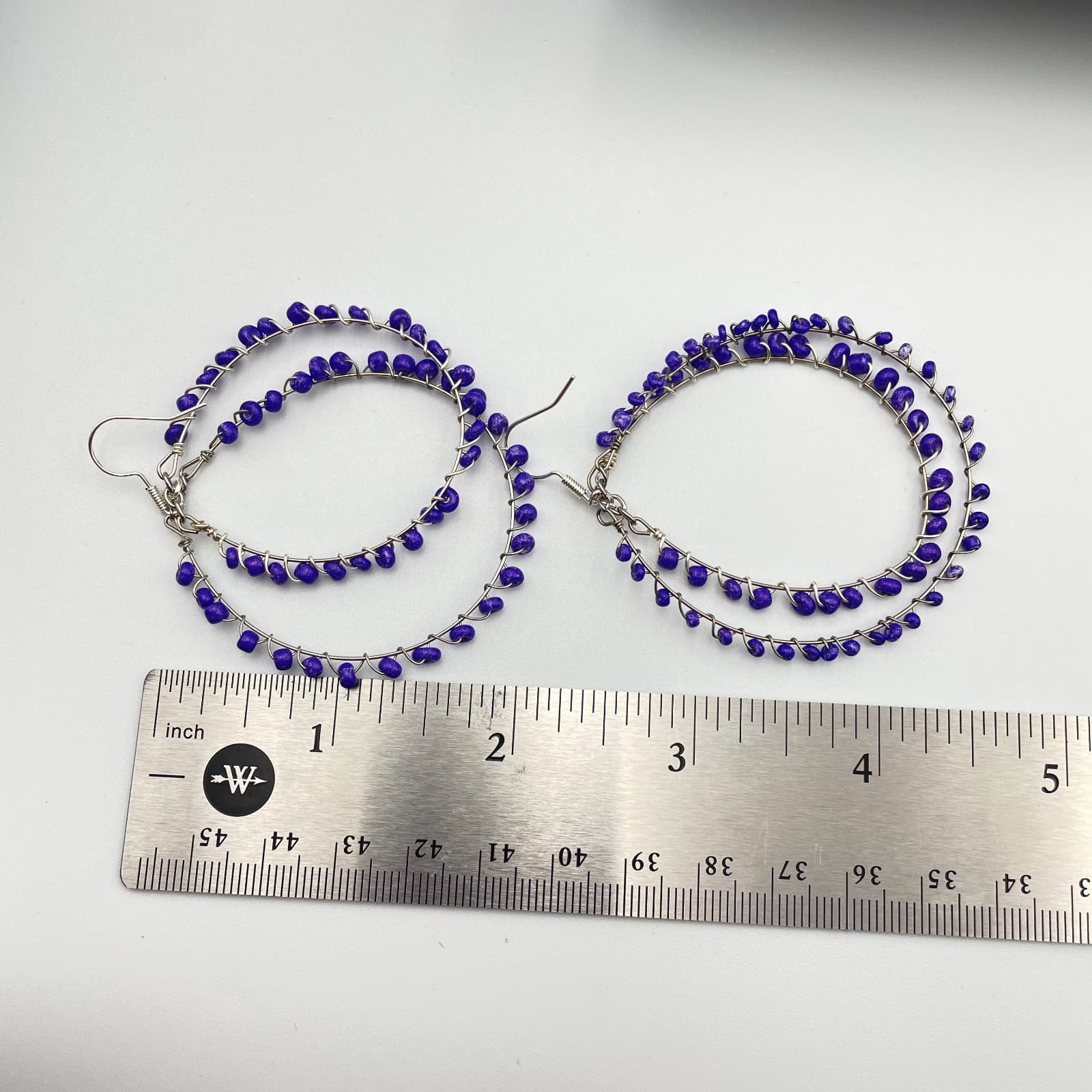Vintage 90s Silver Tone Blue Seed Beaded Double Hoop Dangle Earrings Jewelry - Thumbnail 6
