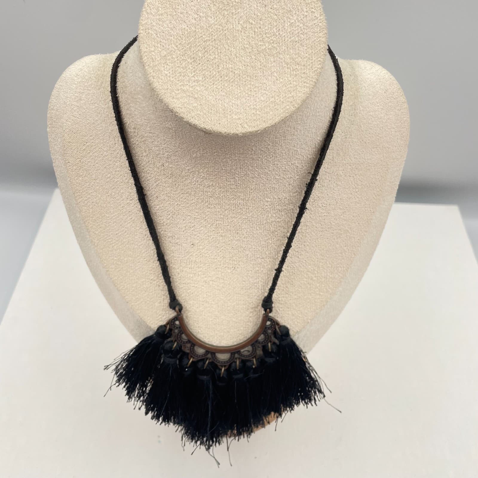 Vintage 90s Black Tassel Bib Necklace Copper Tone Statement Fringe Cord Boho - Image 1