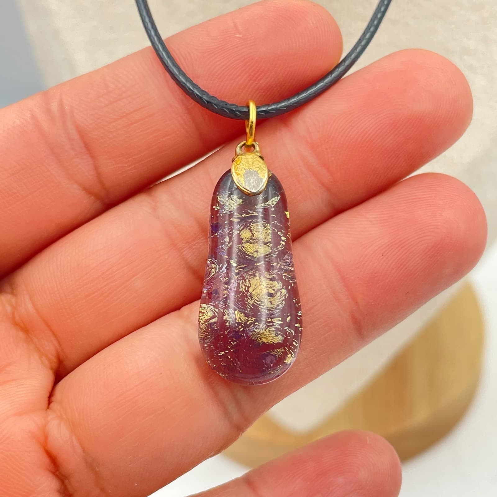 Vintage 90s Dichroic Glass Pendant Necklace Gold Foil Art Glass Cord Jewelry - Thumbnail 5