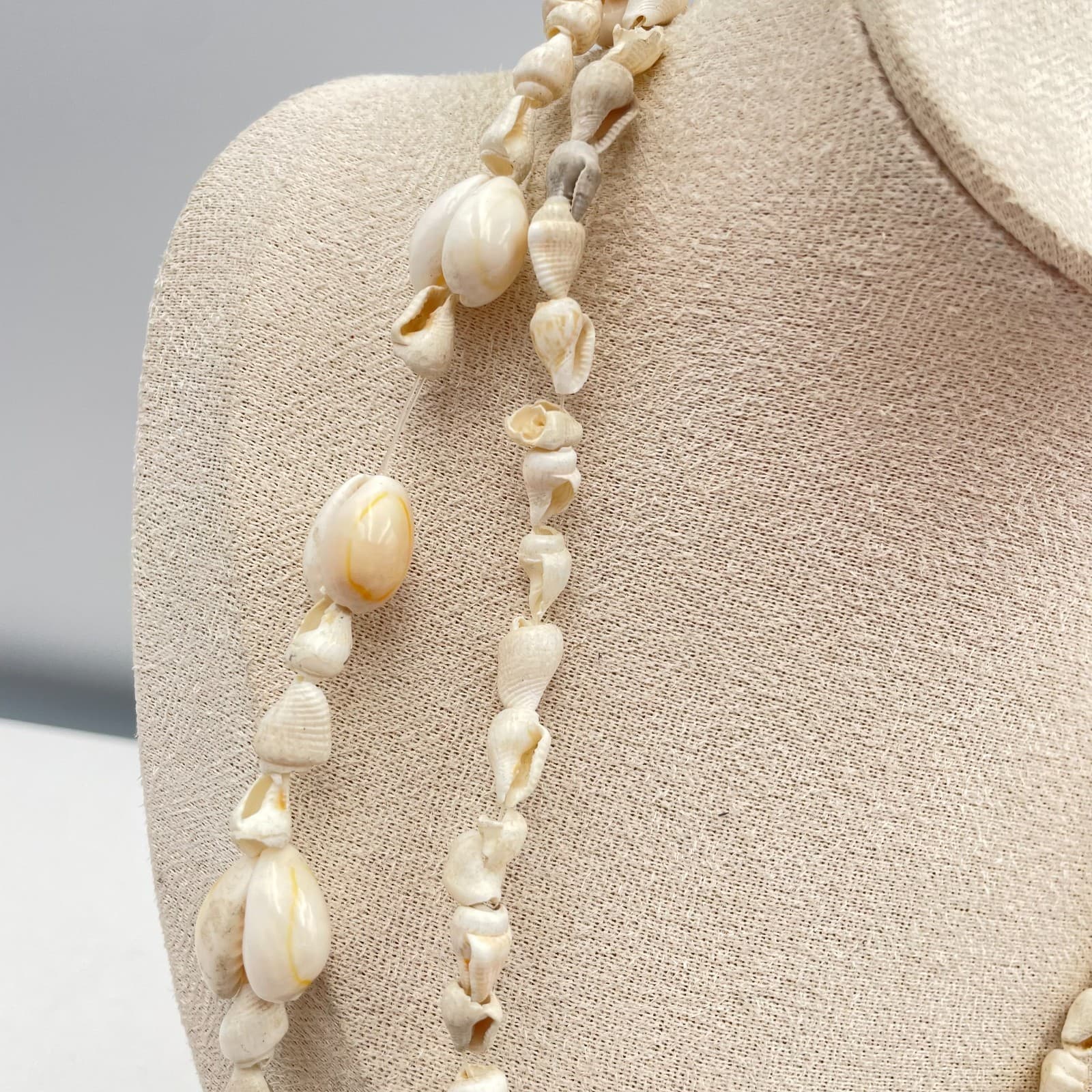 Vintage 80s Cream Cowrie Shell Necklace Boho Beach Long Layered Natural Jewelry - Thumbnail 3