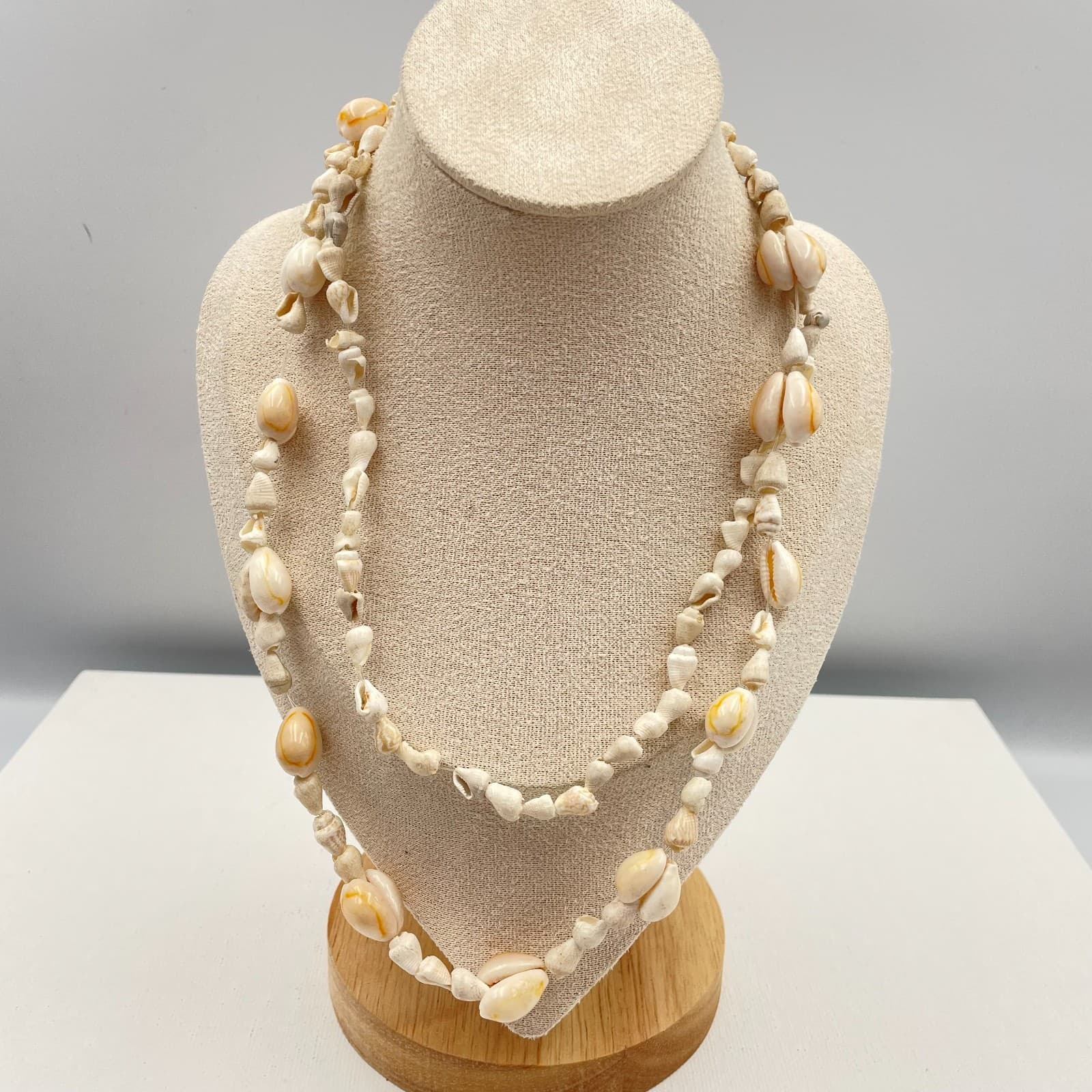 Vintage 80s Cream Cowrie Shell Necklace Boho Beach Long Layered Natural Jewelry - Image 1