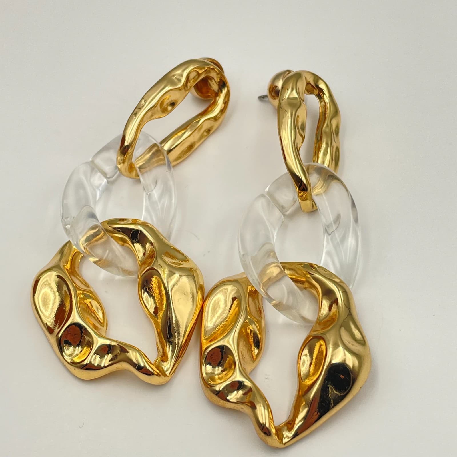 Vintage 90s 80R 8 Other Reasons Gold Tone Glass Link Dangle Earrings Chunky - Thumbnail 2