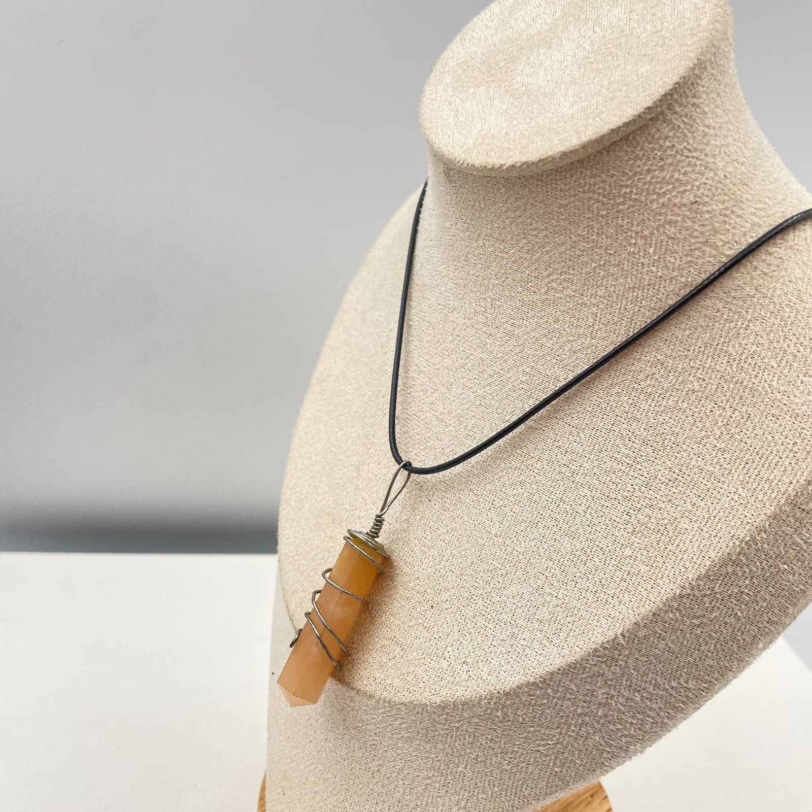 Vintage 90s Peach Glass Point Pendant Wire Wrapped Necklace Black Cord Jewelry - Thumbnail 6