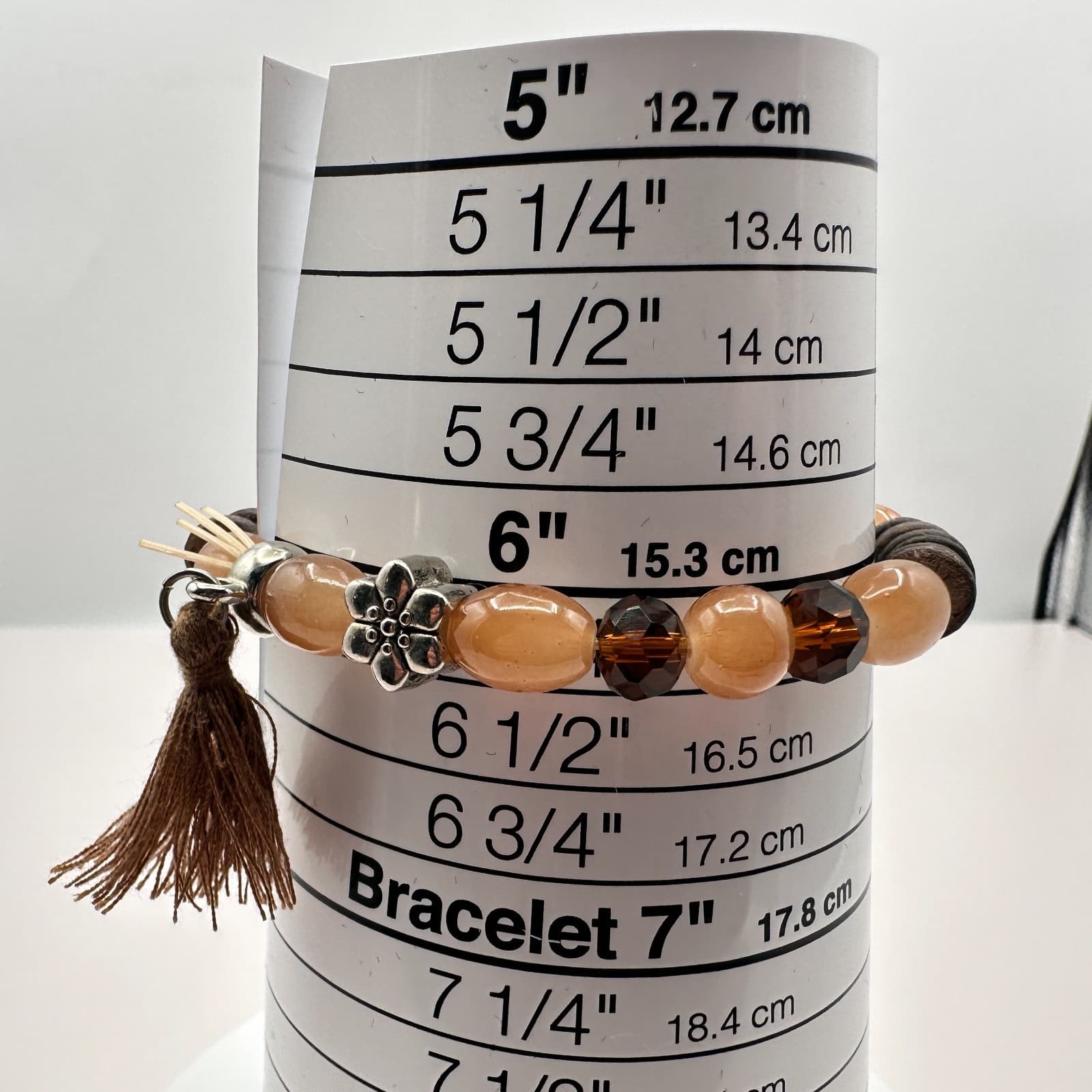 Vintage Y2K Women's Brown Wood & Peach Beaded Tassel Statement Stretch Bracelet - Thumbnail 7