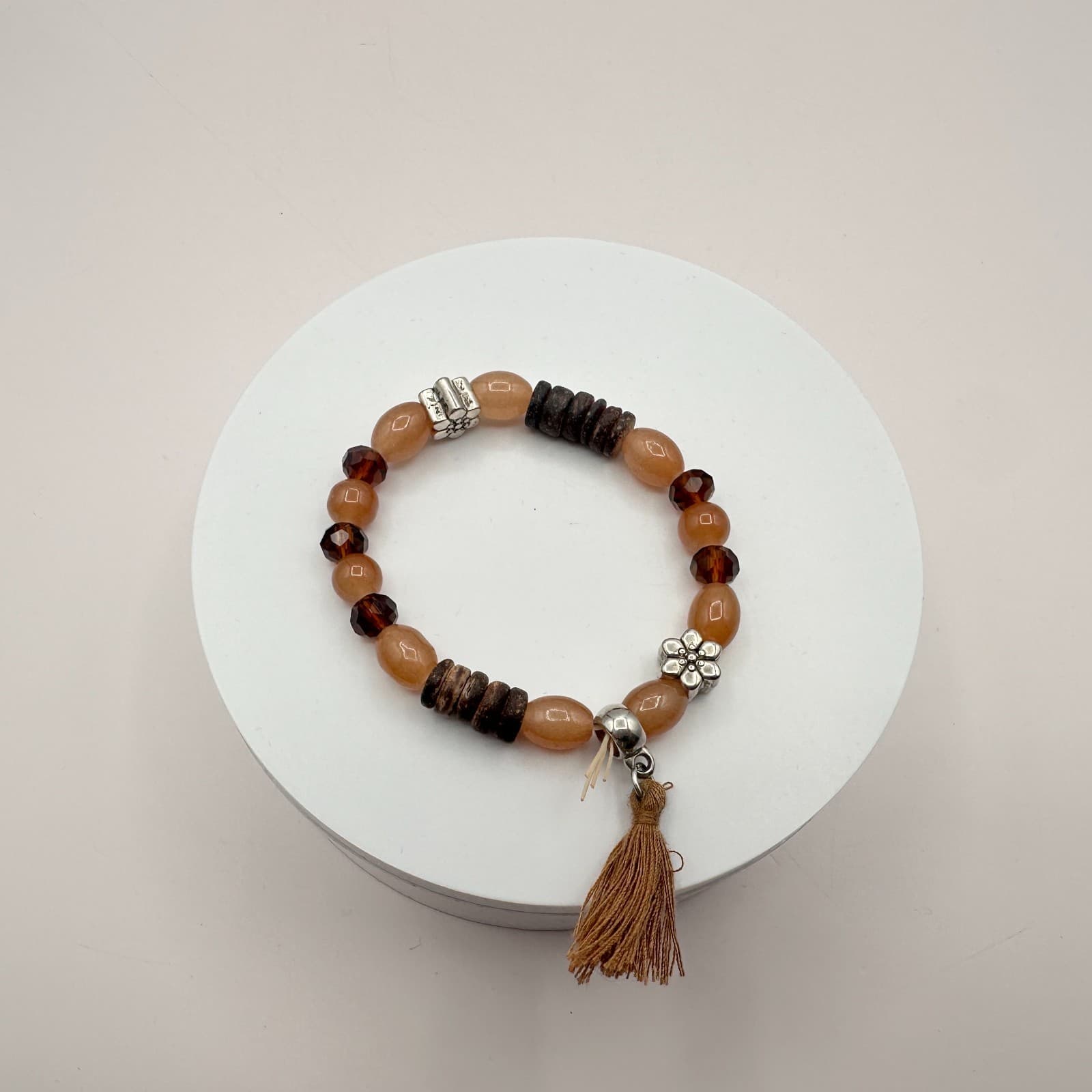 Vintage Y2K Women's Brown Wood & Peach Beaded Tassel Statement Stretch Bracelet - Thumbnail 5