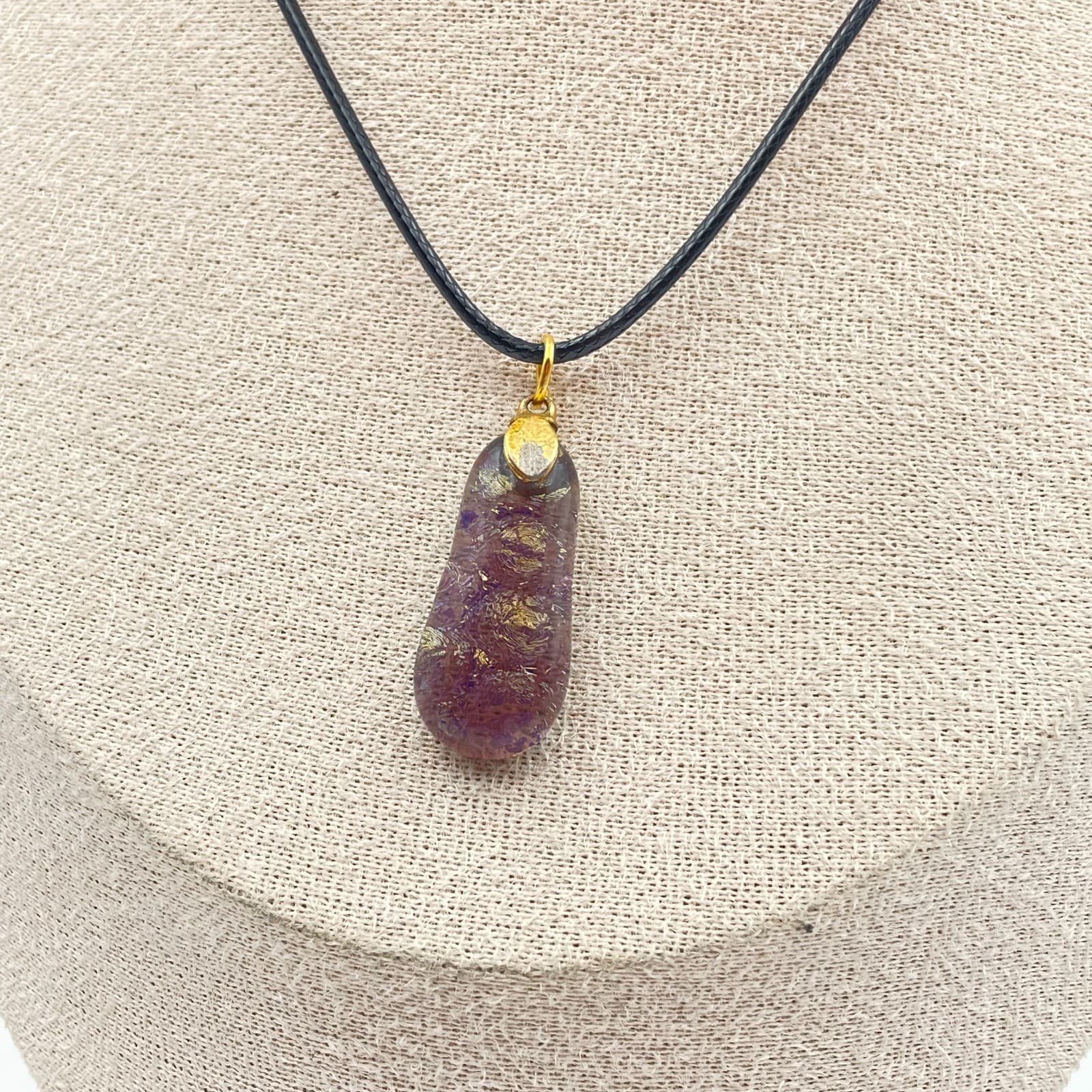 Vintage 90s Dichroic Glass Pendant Necklace Gold Foil Art Glass Cord Jewelry - Thumbnail 7