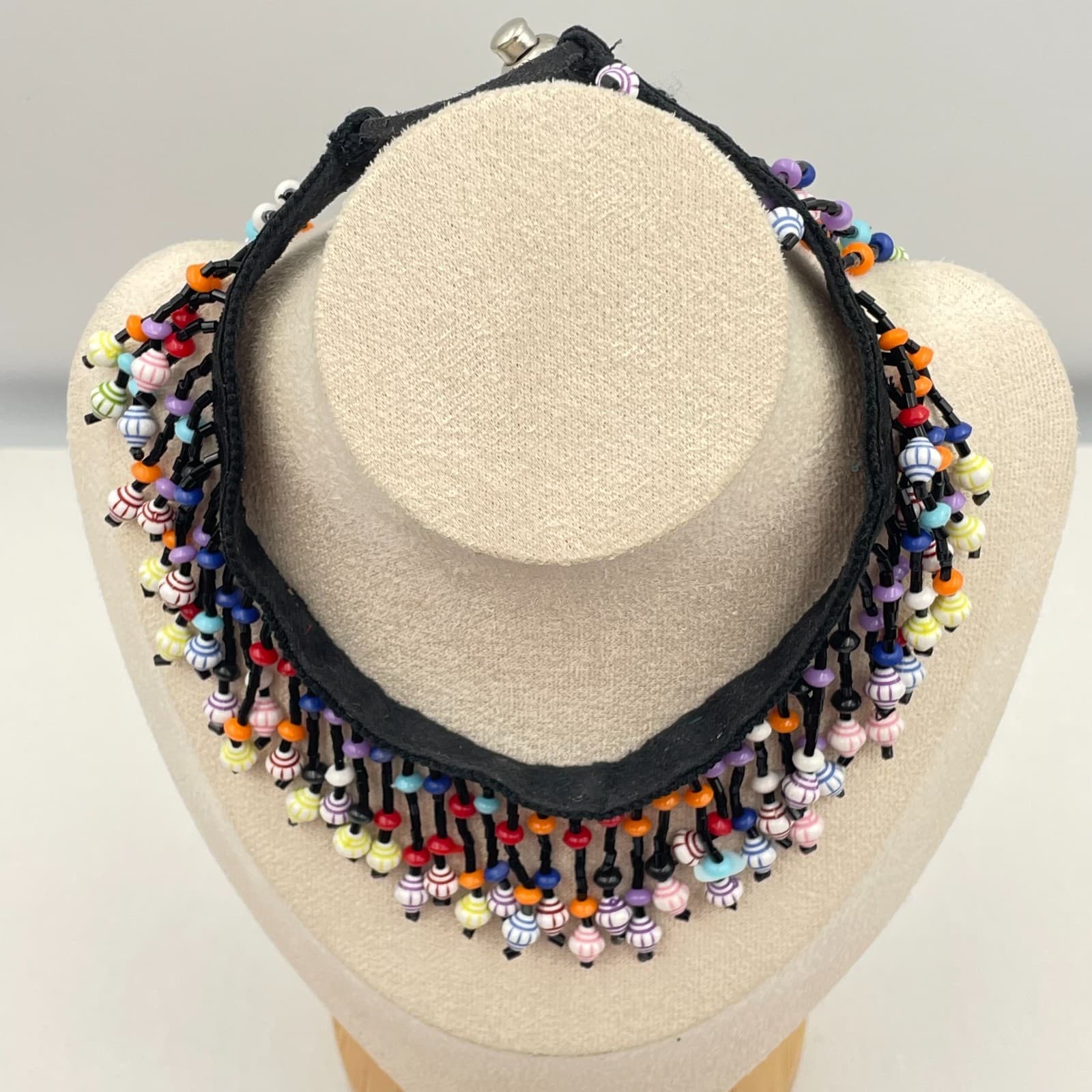 Vintage 90s Glass Bead Fringe Choker Necklace Black Fabric Boho Fashion Jewelry - Thumbnail 6