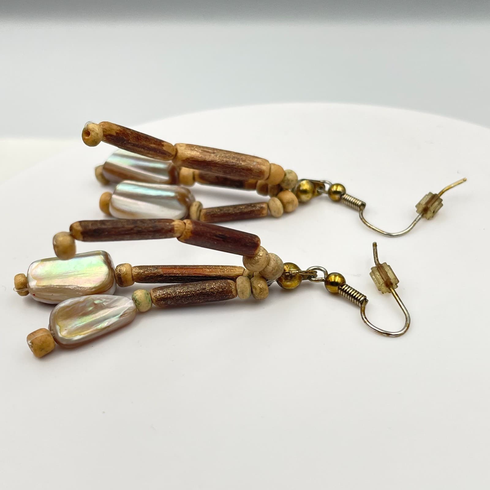 Vintage Y2K Boho Mother of Pearl Wooden Tube Beaded Iridescent Dangle Earrings - Thumbnail 3