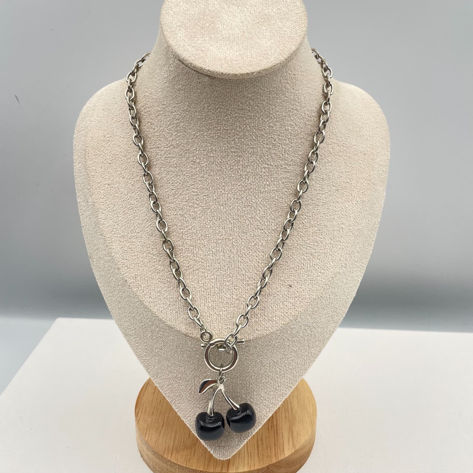 Vintage 90s Silver Tone Black Glass Cherry Pendant Necklace Toggle Chain Retro - Image 1