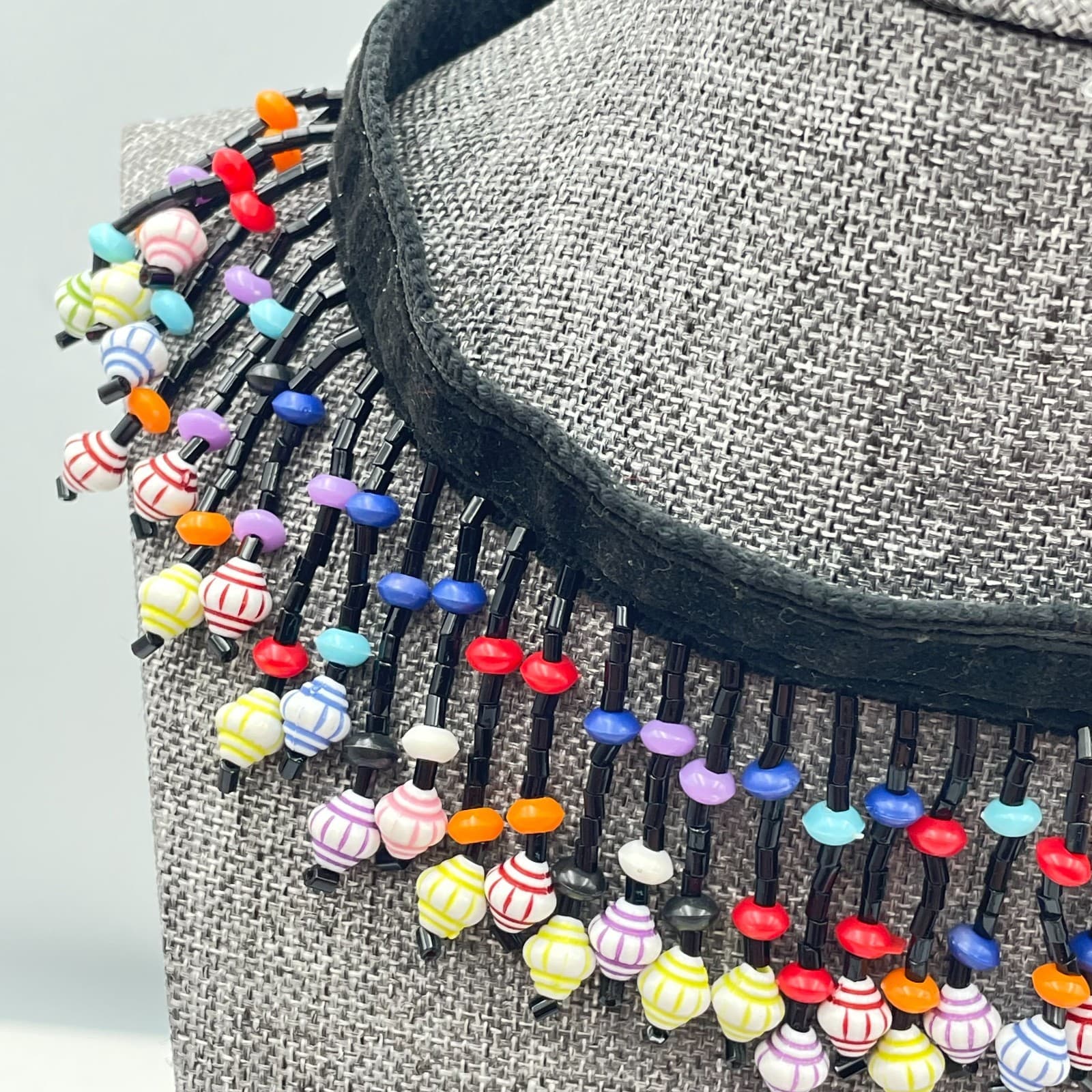 Vintage 90s Glass Bead Fringe Choker Necklace Black Fabric Boho Fashion Jewelry - Thumbnail 3