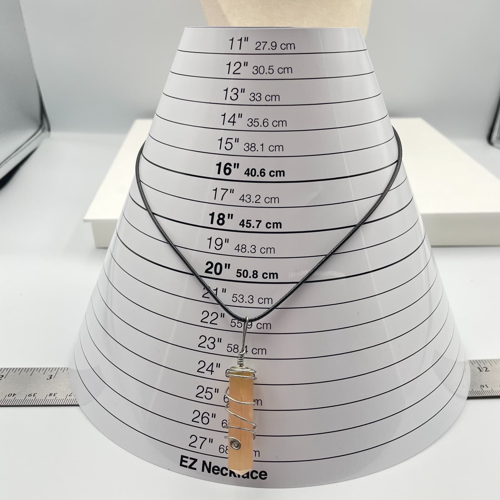 Vintage 90s Peach Glass Point Pendant Wire Wrapped Necklace Black Cord Jewelry - Thumbnail 9