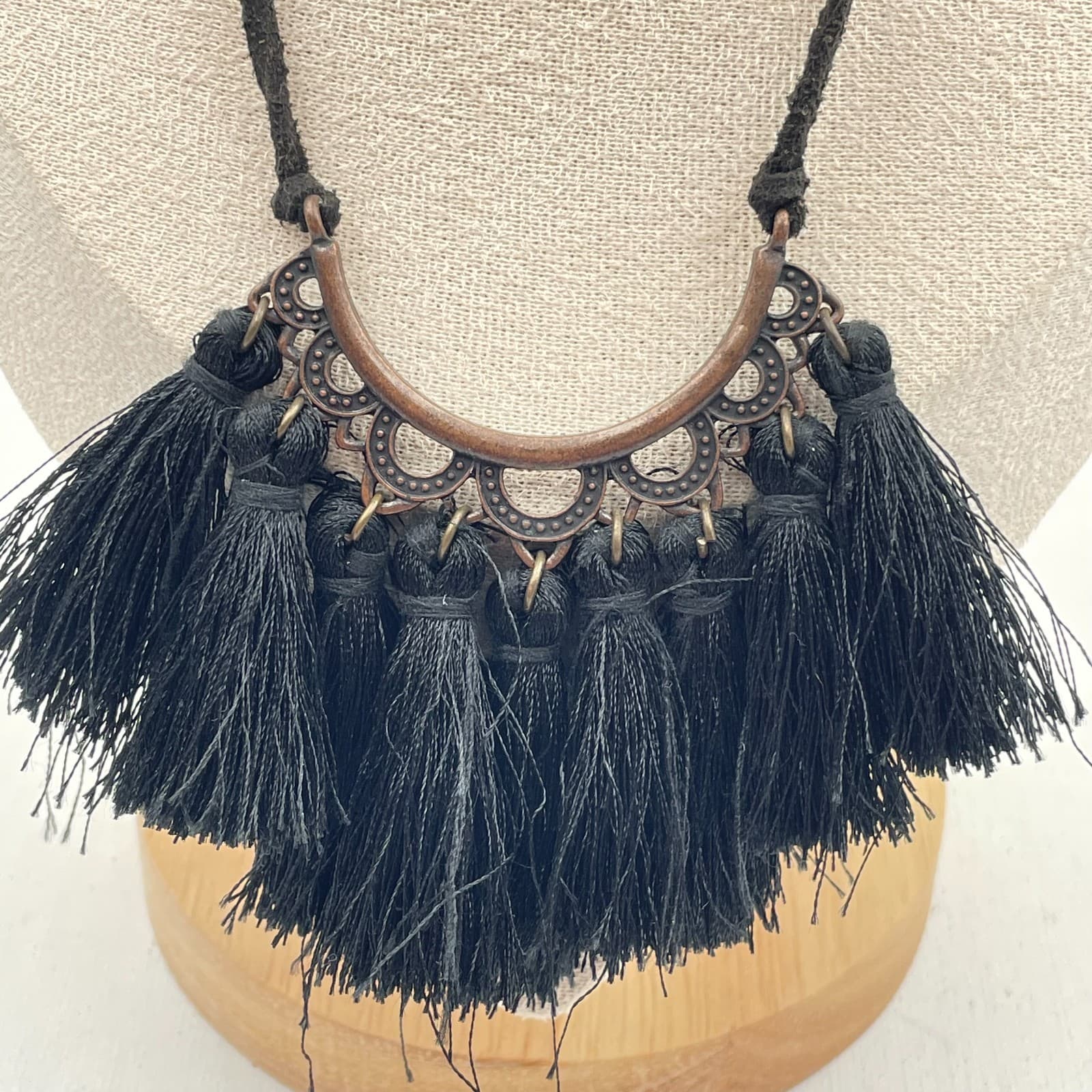 Vintage 90s Black Tassel Bib Necklace Copper Tone Statement Fringe Cord Boho - Thumbnail 3