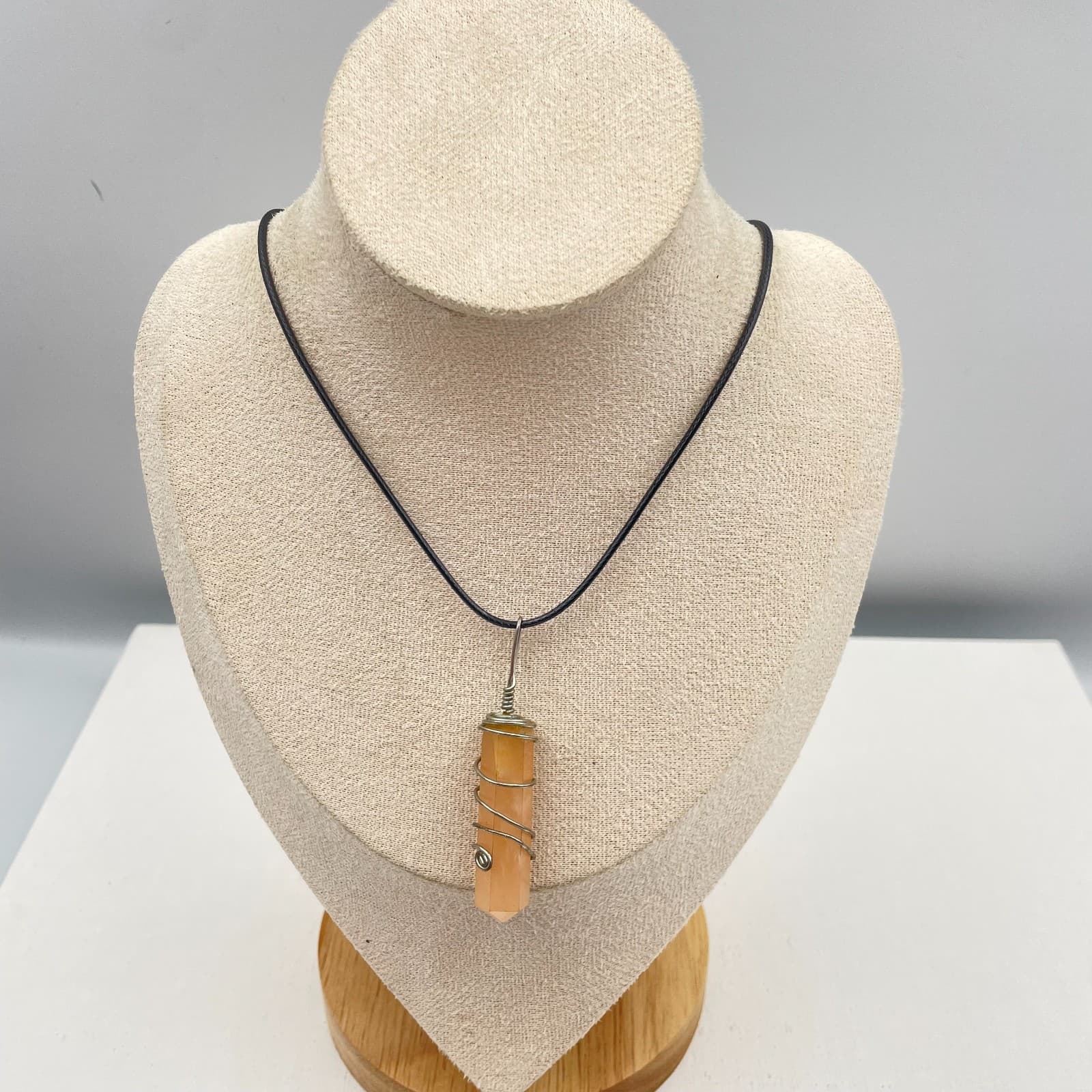 Vintage 90s Peach Glass Point Pendant Wire Wrapped Necklace Black Cord Jewelry - Thumbnail 2