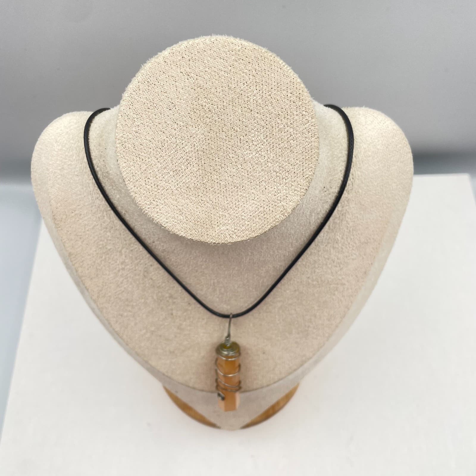 Vintage 90s Peach Glass Point Pendant Wire Wrapped Necklace Black Cord Jewelry - Thumbnail 3