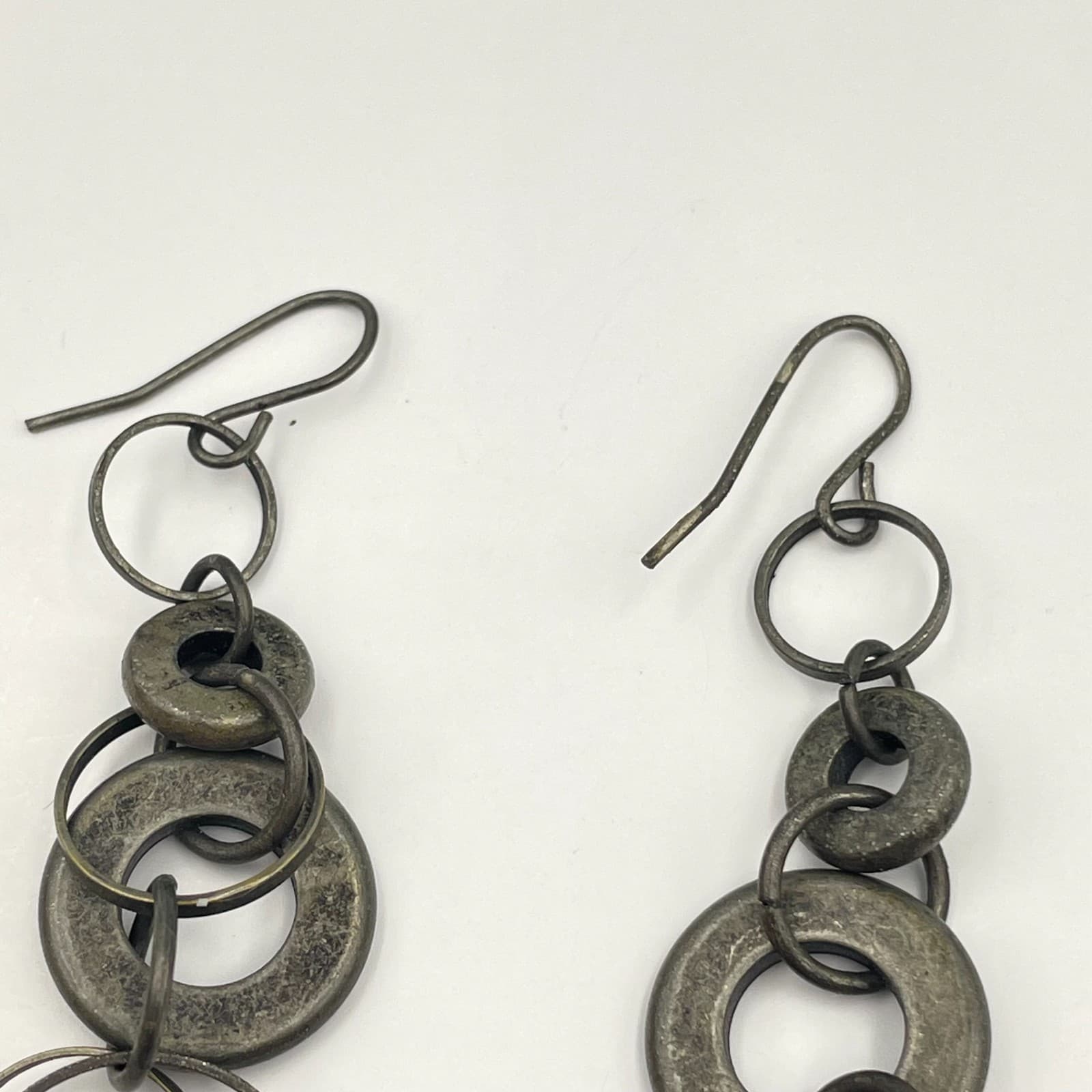 Vintage 90s Long Dangle Hoop Earrings Antique Bronze Tone Circles Boho Jewelry - Thumbnail 4