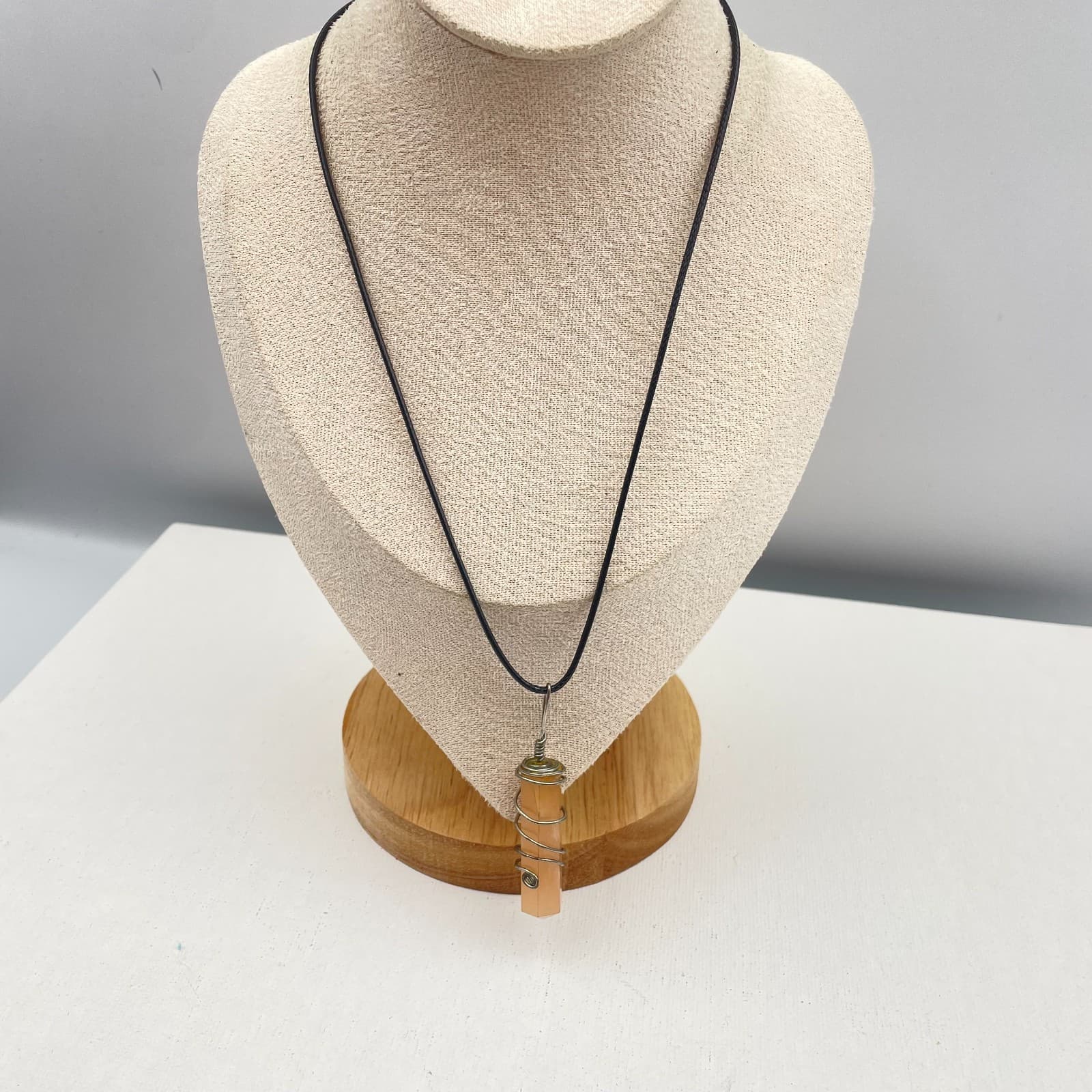 Vintage 90s Peach Glass Point Pendant Wire Wrapped Necklace Black Cord Jewelry - Image 1