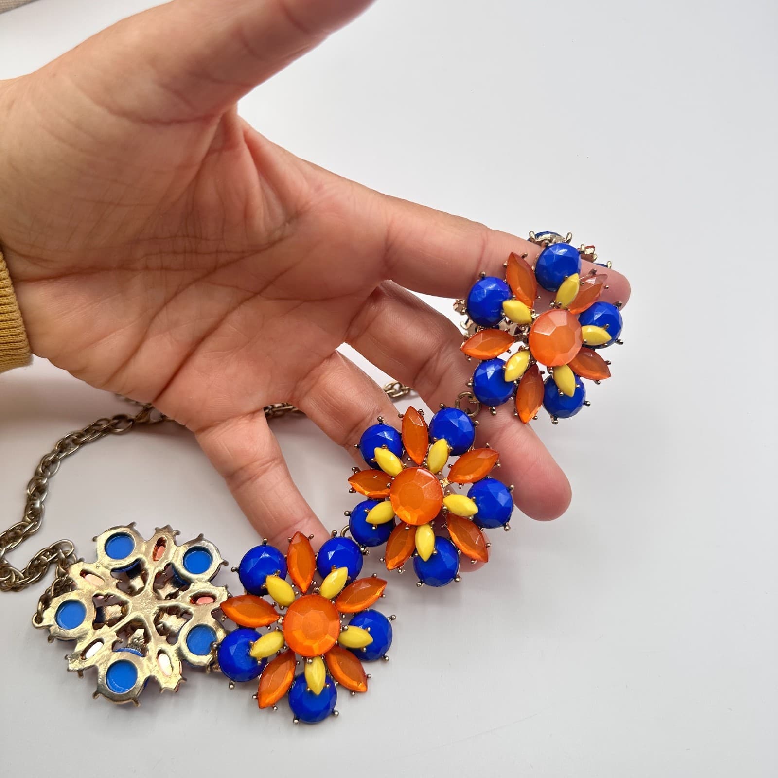 Vintage Y2K Gold Tone Glass Stone Floral Bib Statement Necklace Women's Jewelry - Thumbnail 7