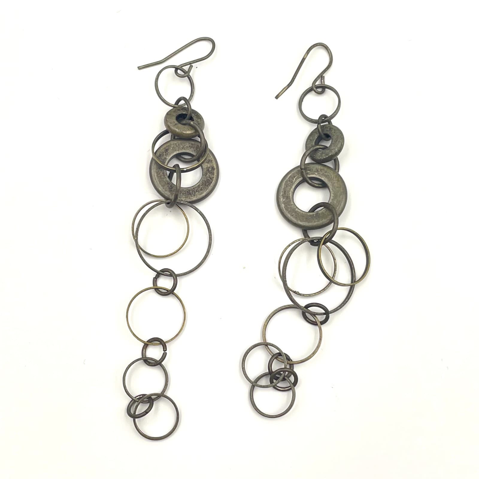 Vintage 90s Long Dangle Hoop Earrings Antique Bronze Tone Circles Boho Jewelry - Image 1