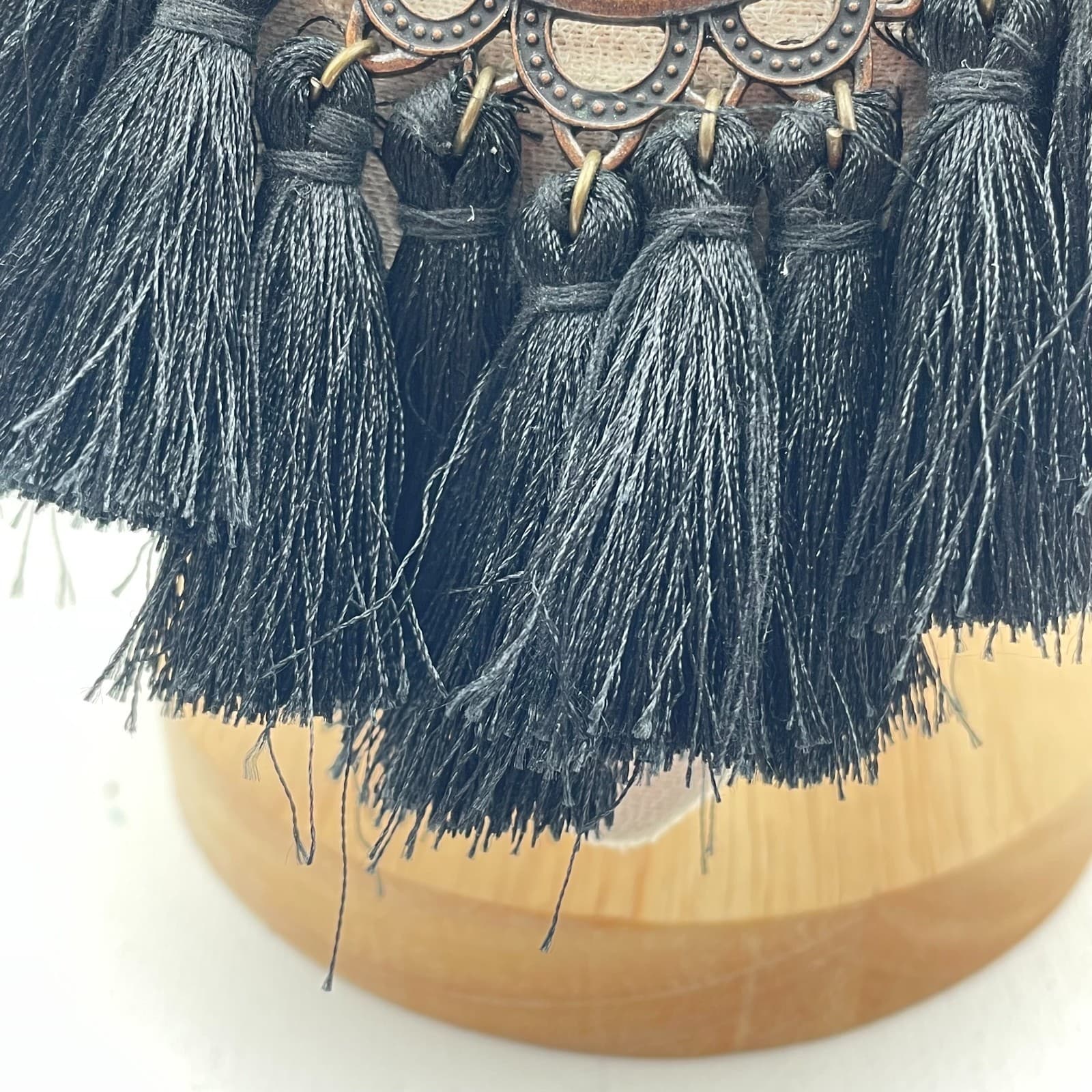 Vintage 90s Black Tassel Bib Necklace Copper Tone Statement Fringe Cord Boho - Thumbnail 8