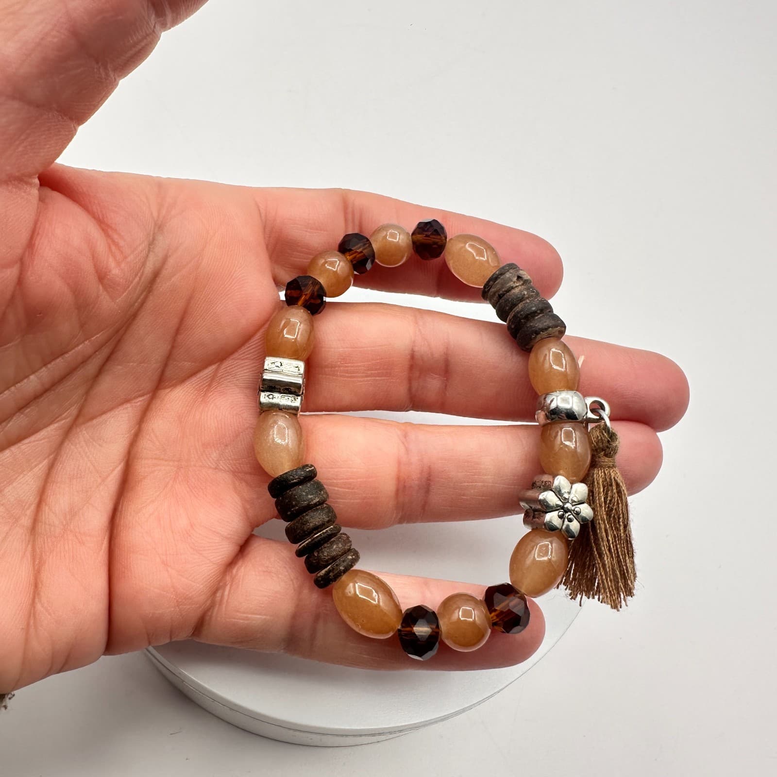 Vintage Y2K Women's Brown Wood & Peach Beaded Tassel Statement Stretch Bracelet - Thumbnail 6