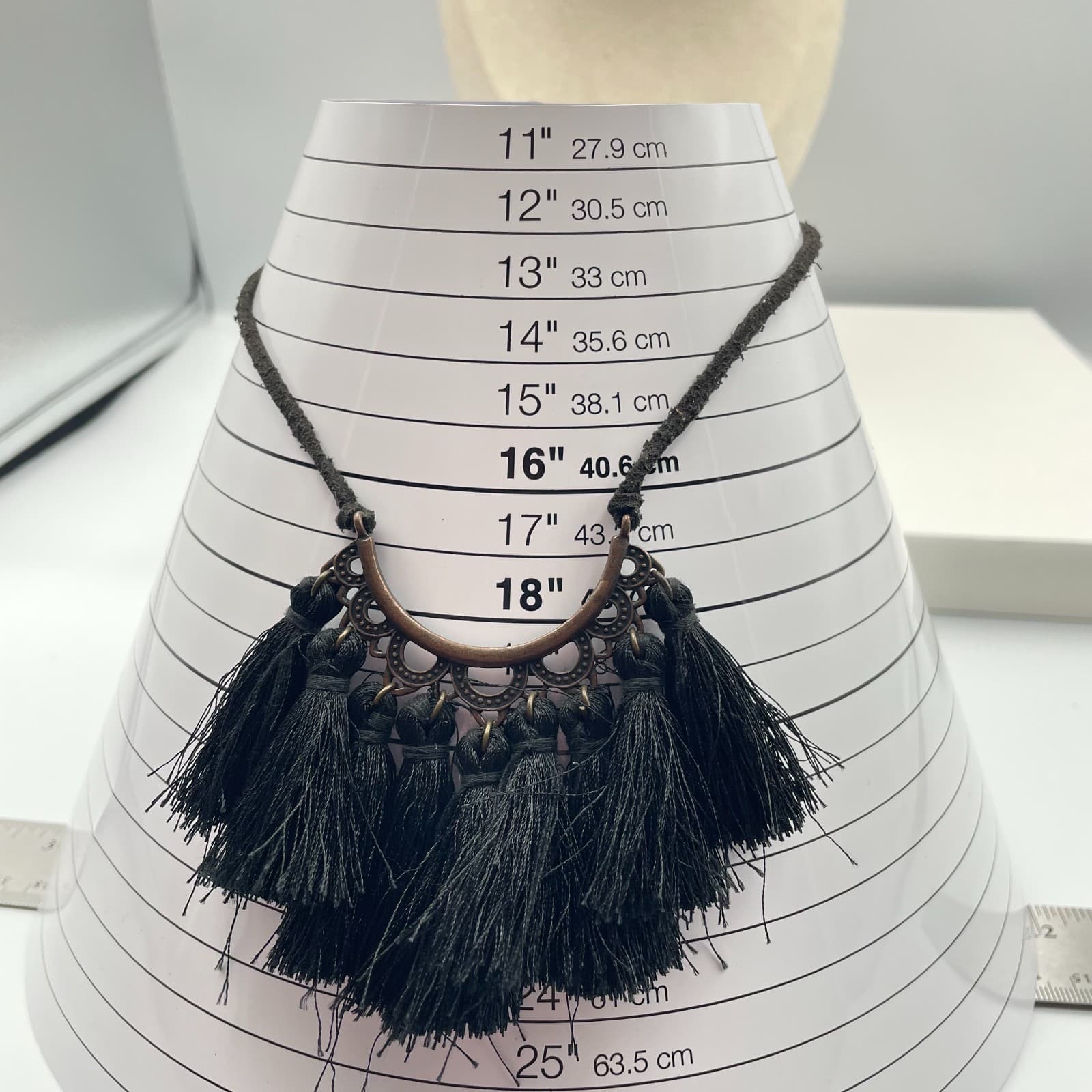 Vintage 90s Black Tassel Bib Necklace Copper Tone Statement Fringe Cord Boho - Thumbnail 10