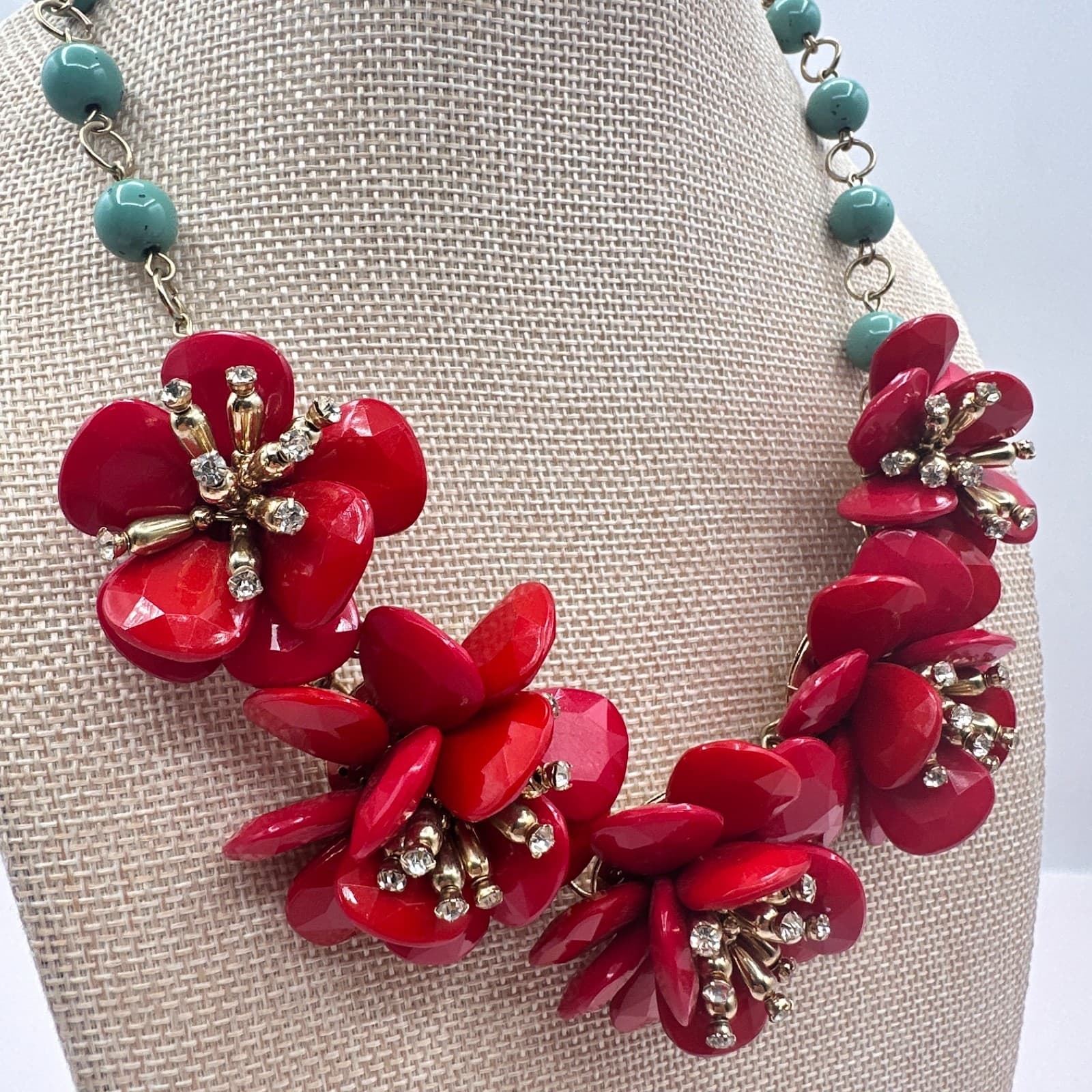 Vintage Y2K Gold Tone Beaded Floral Statement Necklace Women's Classic Jewelry - Thumbnail 2