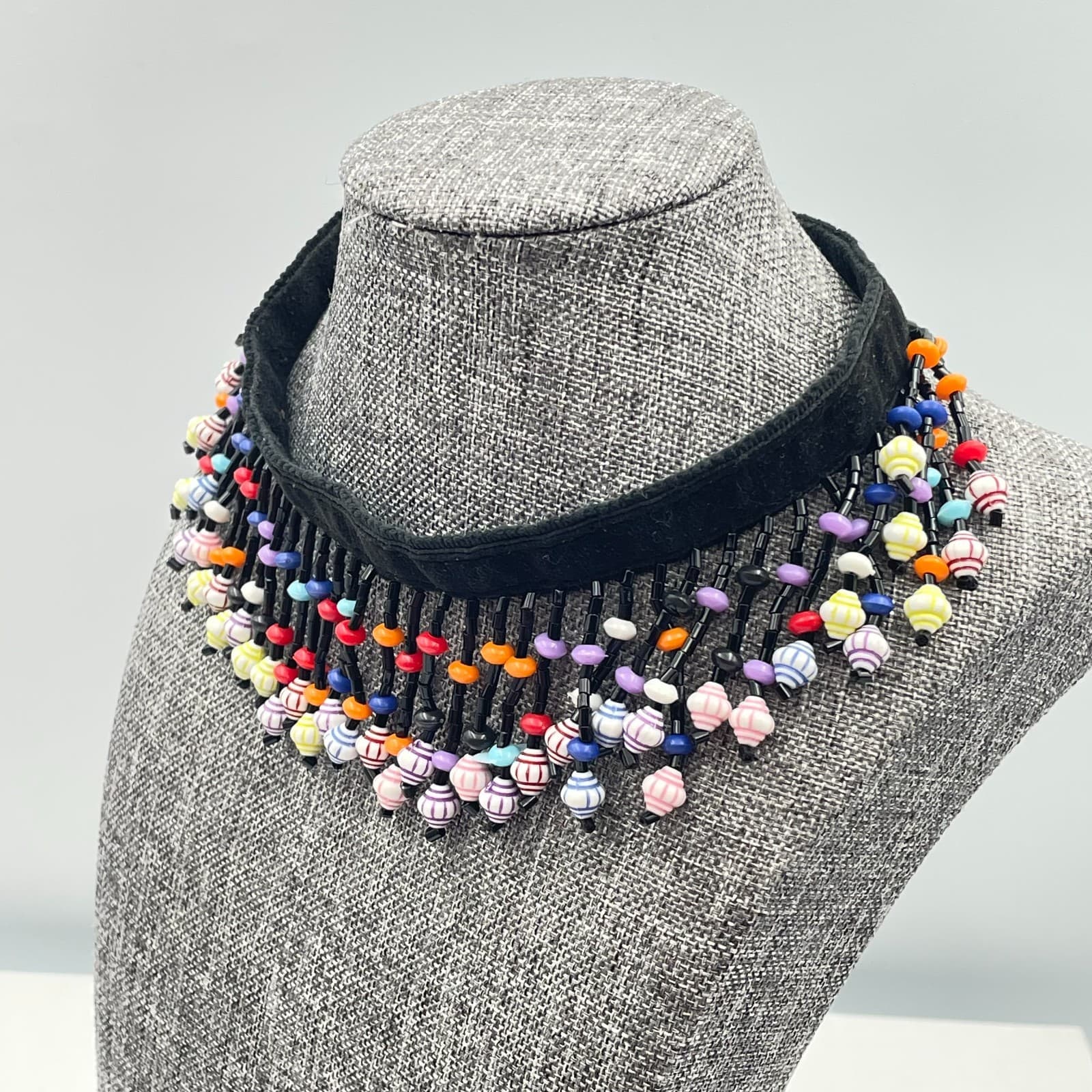 Vintage 90s Glass Bead Fringe Choker Necklace Black Fabric Boho Fashion Jewelry - Thumbnail 4