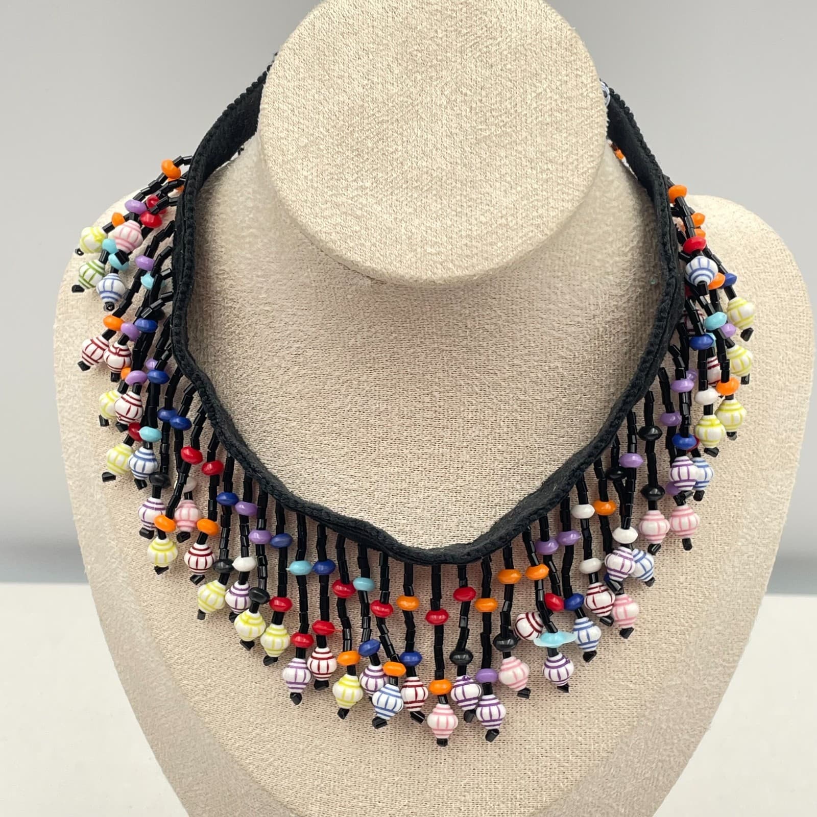 Vintage 90s Glass Bead Fringe Choker Necklace Black Fabric Boho Fashion Jewelry - Thumbnail 5