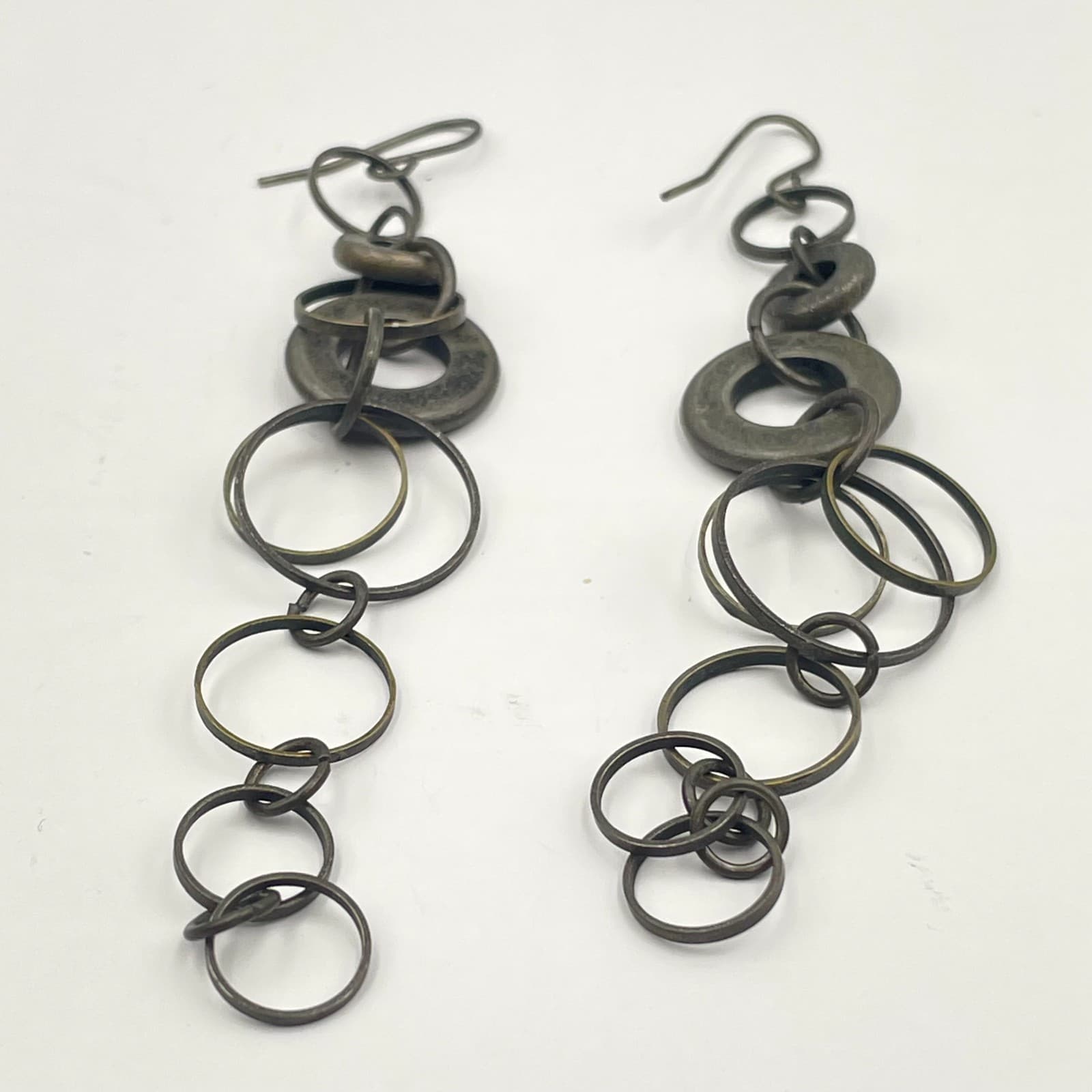 Vintage 90s Long Dangle Hoop Earrings Antique Bronze Tone Circles Boho Jewelry - Thumbnail 3
