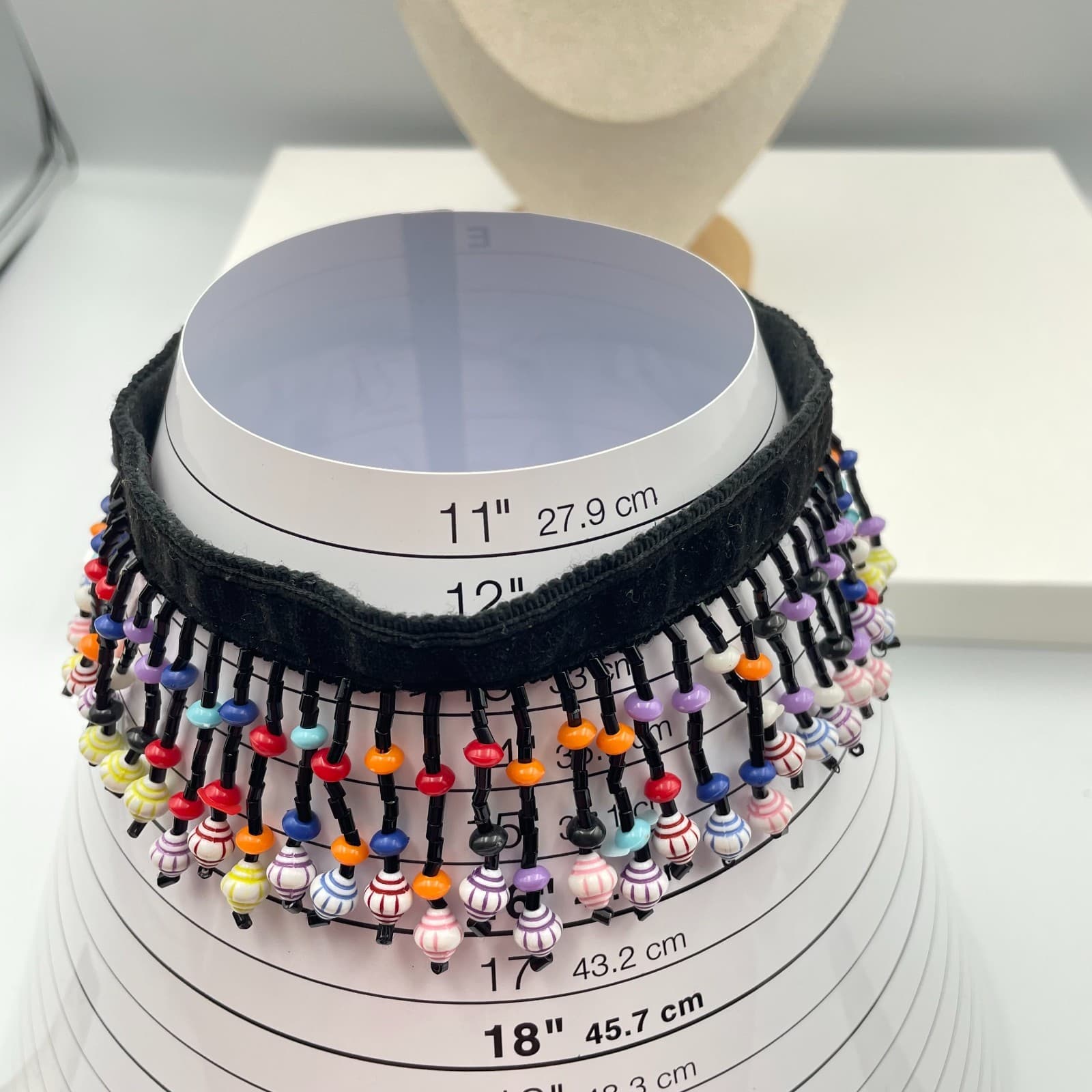 Vintage 90s Glass Bead Fringe Choker Necklace Black Fabric Boho Fashion Jewelry - Thumbnail 9