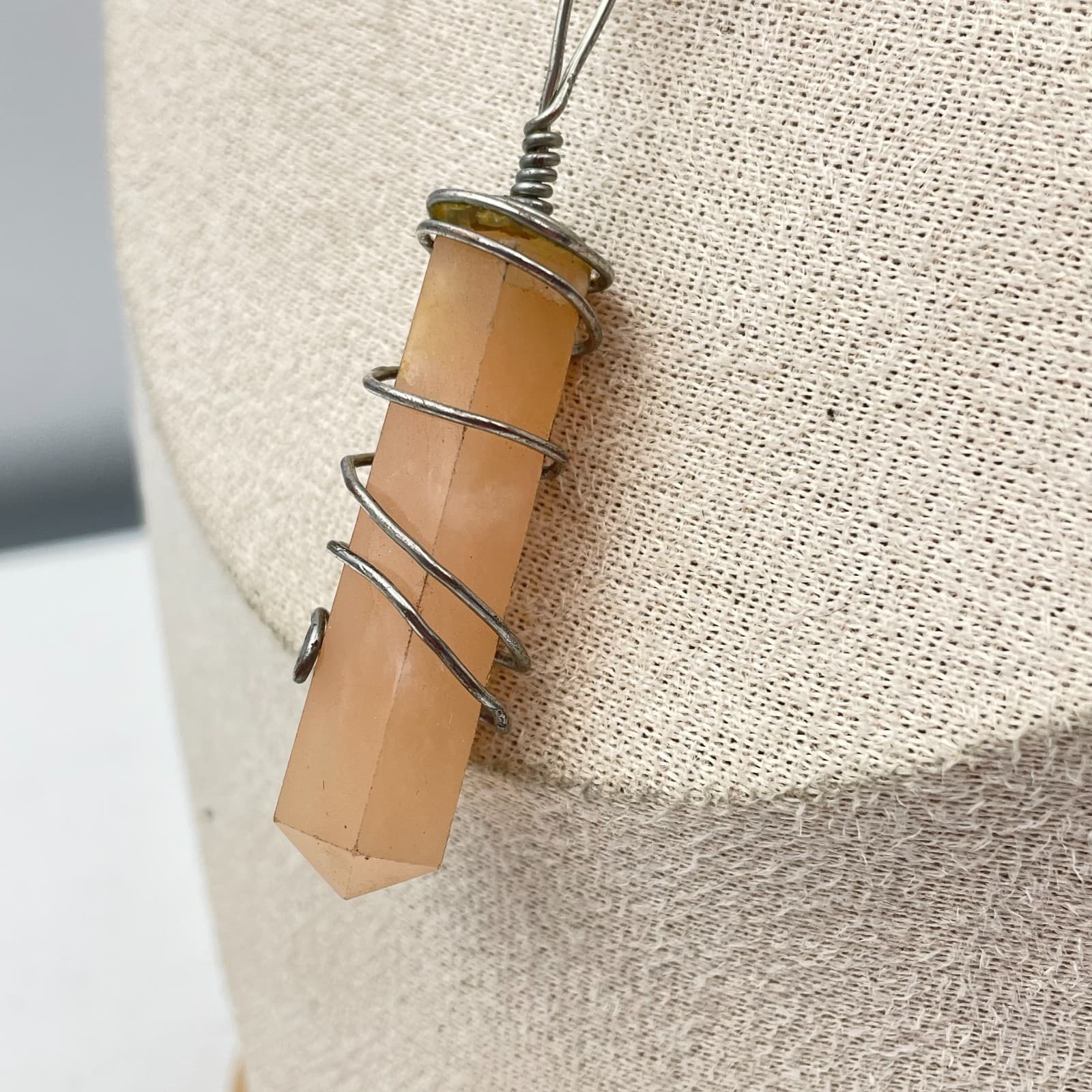 Vintage 90s Peach Glass Point Pendant Wire Wrapped Necklace Black Cord Jewelry - Thumbnail 7