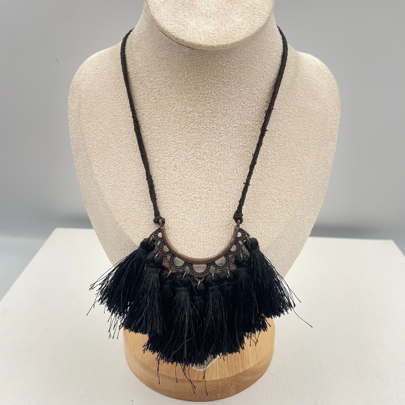 Vintage 90s Black Tassel Bib Necklace Copper Tone Statement Fringe Cord Boho - Thumbnail 2