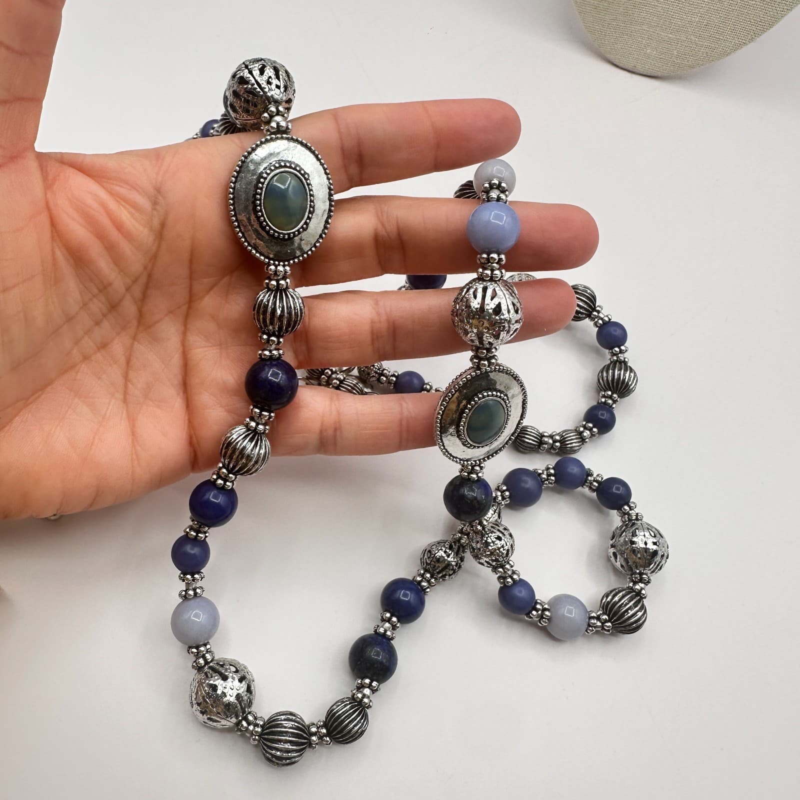 Vintage Y2K Silver Tone Boho Beaded Statement Necklace Women's Classic Jewelry - Thumbnail 8